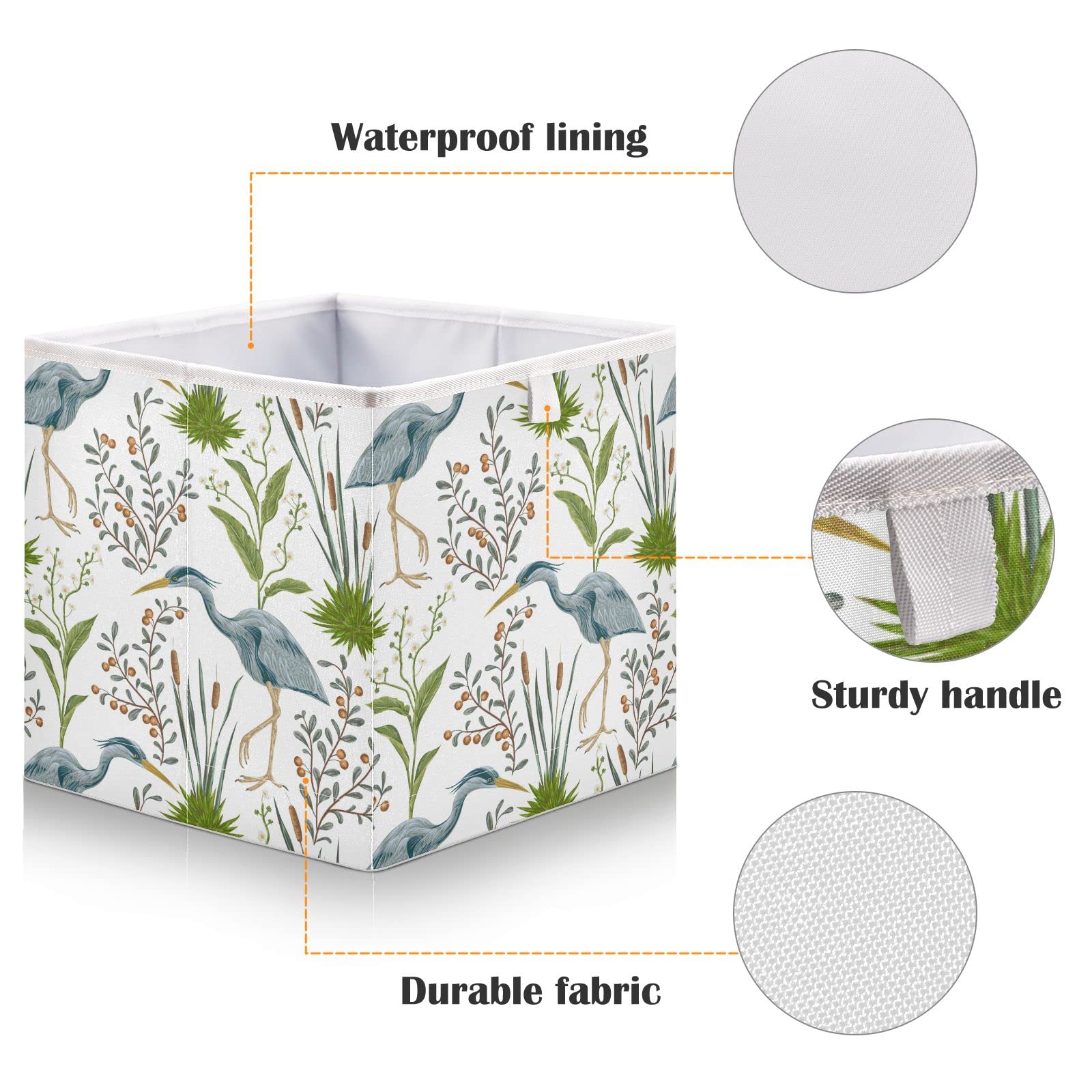 DOMIKING Foldable Fabric Storage Bins with Sturdy Handle - 11 Inch Heron Bird Pattern Closet Organizer Baskets for Bedroom, Shelves & Cubes | Perfect for Home Organization, Laundry & Toy Storage