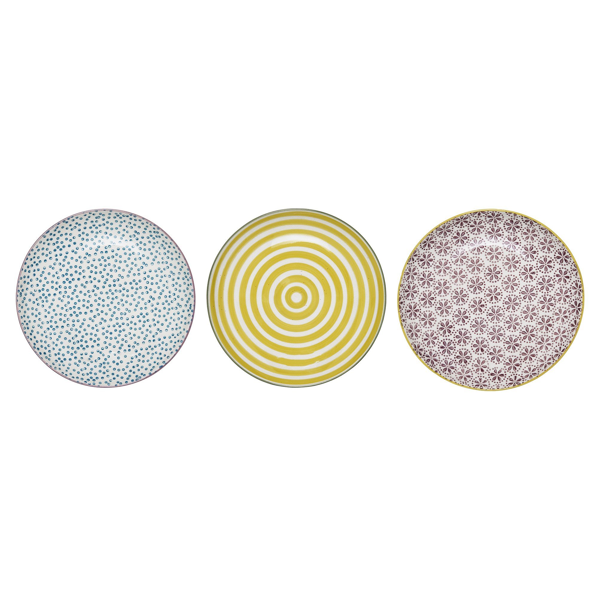 Bloomingville Patrizia 3-Piece Small Ceramic Plates Set - Blue, Yellow, Purple - 16cm - Perfect for Appetizers, Desserts & Dinner Parties