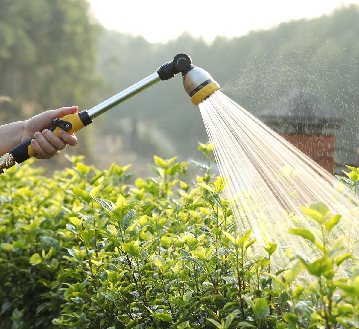 FANHAO 16 Inch Heavy Duty Garden Watering Wand with 180° Rotating Head & Thumb Control Valve - 8 Spray Patterns Hose Nozzle for Lawn, Flowers & Plants (Yellow) - Perfect for Watering Gardens, Lawns & Hard-to-Reach Areas