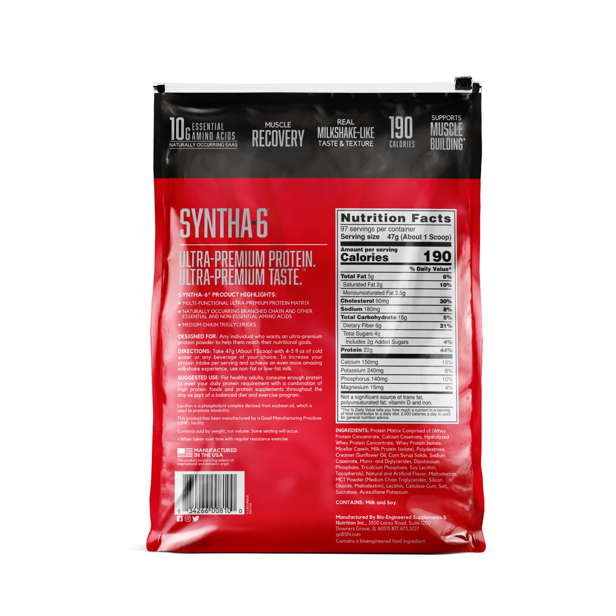 BSN SYNTHA-6 Whey Protein Powder - Vanilla Ice Cream Flavor | 5g BCAA, 22g Protein per Serving | Premium Blend with Micellar Casein & Milk Protein Isolate | 97 Servings (3.7 lbs) for Muscle Recovery & Post-Workout Nutrition | Ideal for Gym, Fitness & Bodybuilding