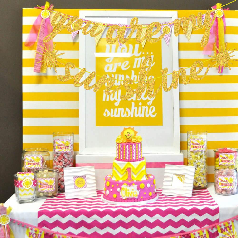 Gold Glitter You Are My Sunshine Banner & Cake Topper Set - 1st Birthday Party Decorations for Boys, Baby Shower, Sunflower Theme - Perfect for Outdoor Celebrations & Photo Backdrops