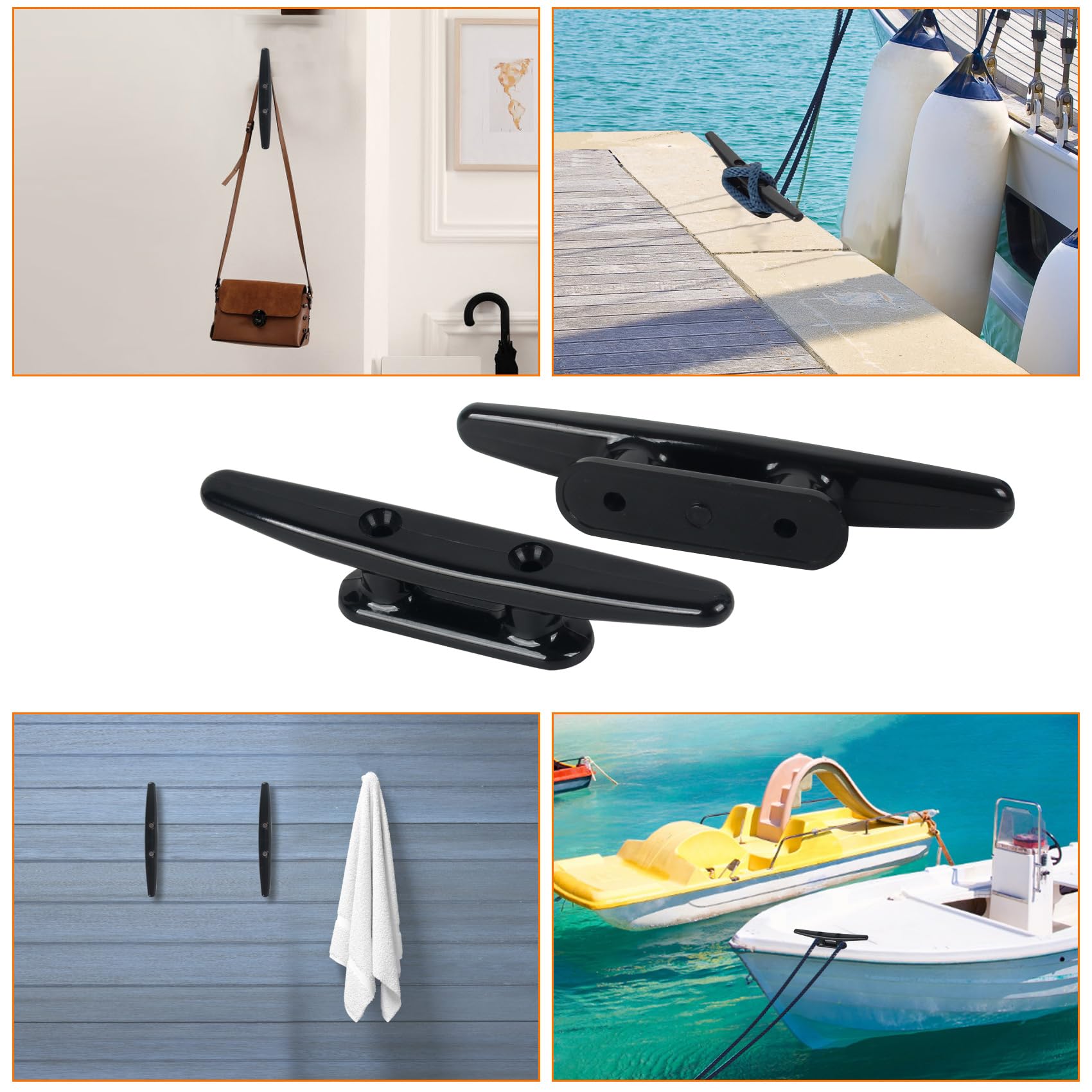 Nylon Boat Cleat 4-8 Inch Black - Marine Dock Cleats with Bolts for Boats & Decks (4/6 Pack)