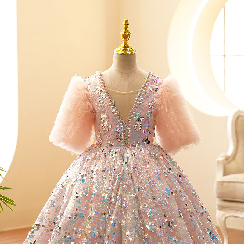Sparkly Pink Sequin Flower Girl Dress with V-Neck & Sleeves - Perfect for Weddings, Pageants & Special Occasions