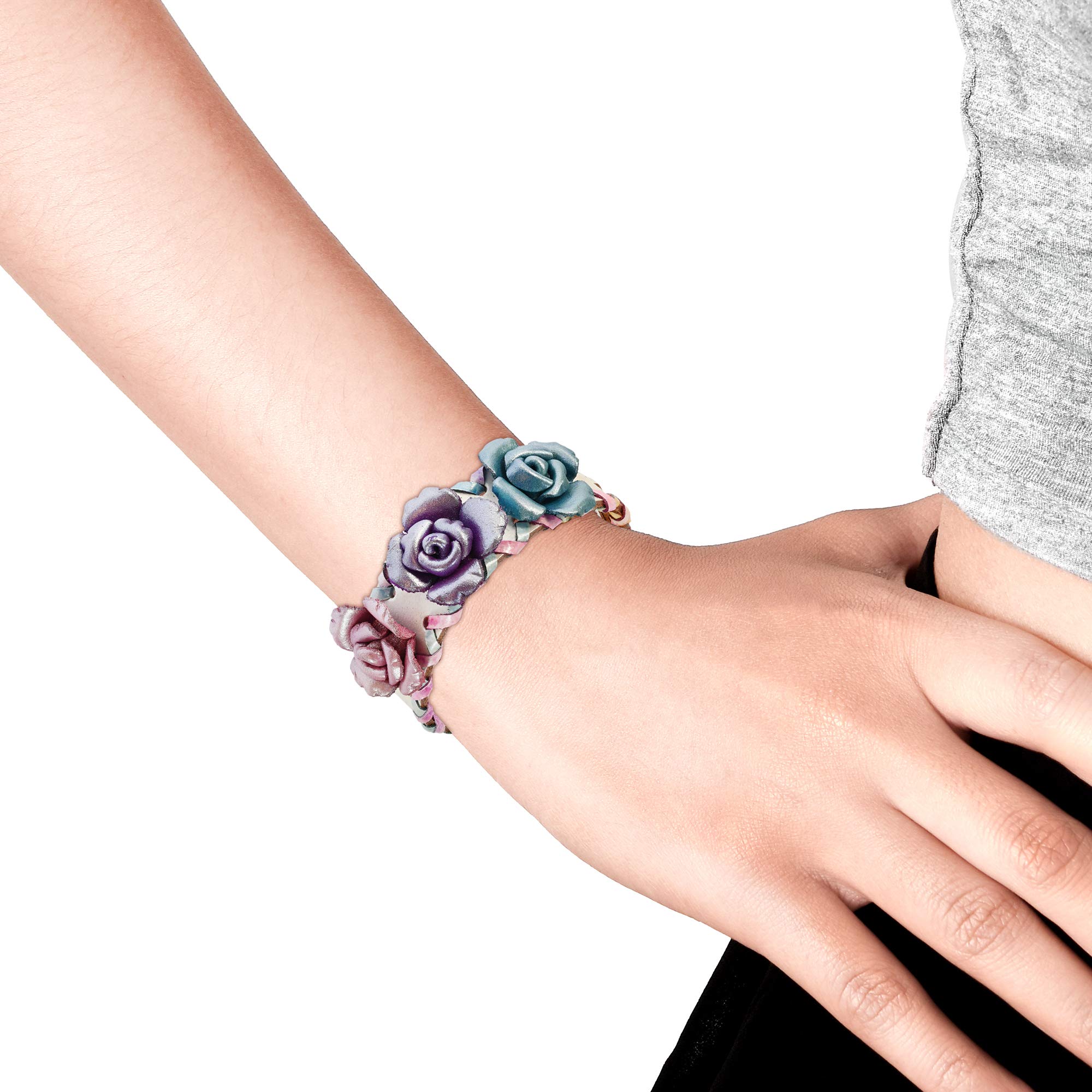 AeraVida Handmade Multicolor Leather Bracelet with Three Rose Bouquet - Perfect for Women's Fashion Accessories, Gift Giving & Boho Style Outfits