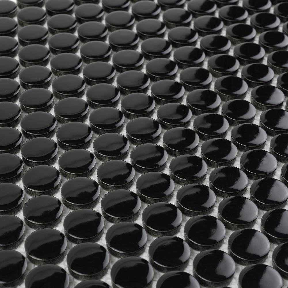 Black Penny Round Tile - 1x1 Inch Glossy Ceramic Mosaic for Bathroom, Kitchen Backsplash & Shower Floor - Peel and Stick DIY Installation