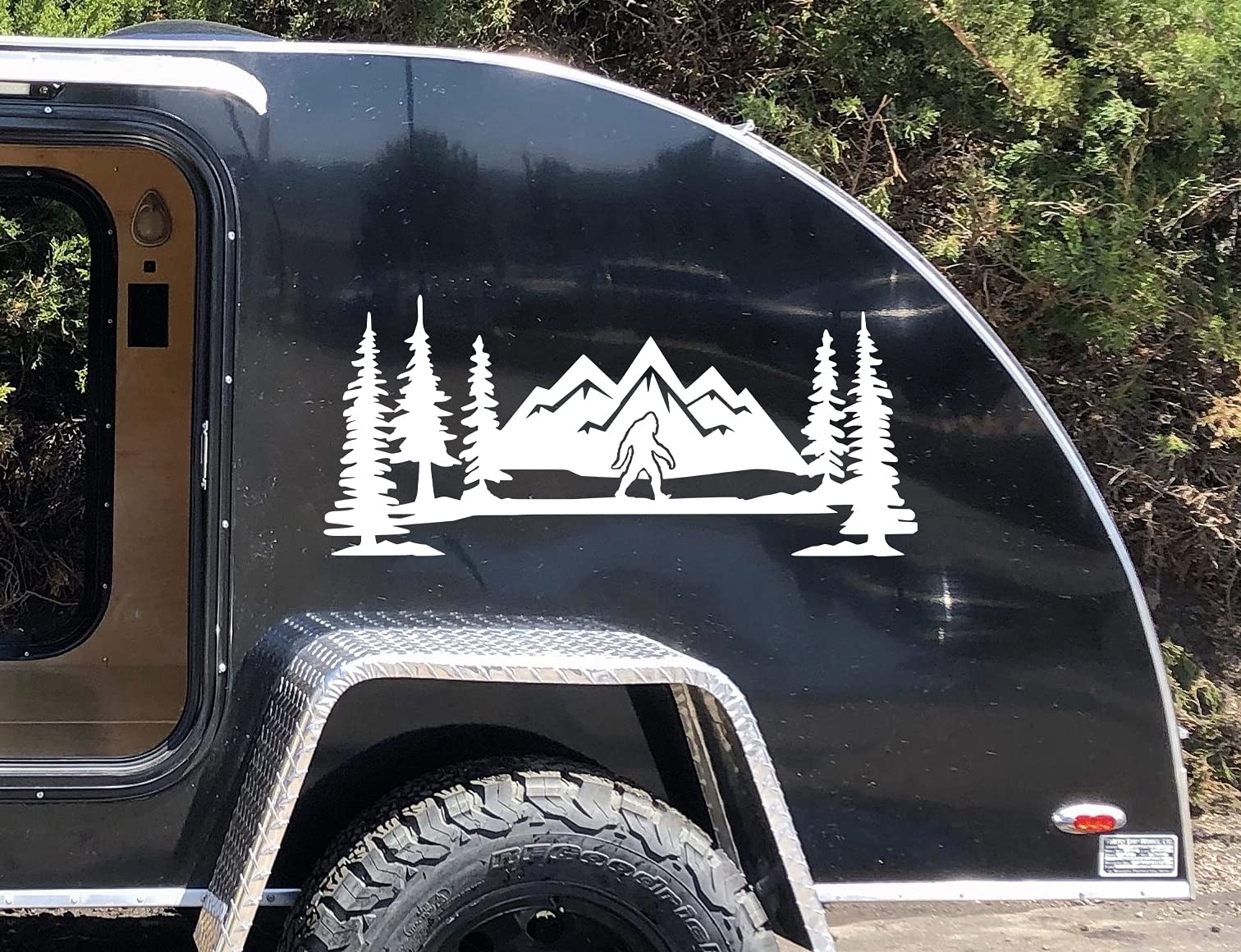 Bigfoot Mountains Scene Vinyl Decal V9 - Pacific Northwest Trees RV Graphics for Travel Trailer & Camper - Die Cut Sticker for Outdoor Adventures & Road Trips