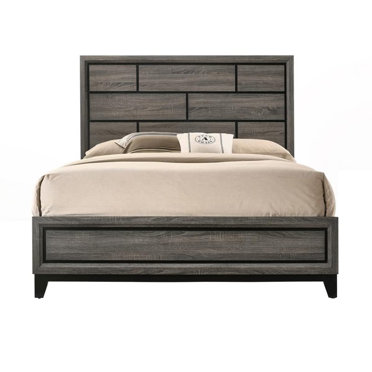 Benzara BM196932 Transitional Style Wooden Queen Size Bed with Brick Elements Panel Headboard in Gray - Perfect for Modern Farmhouse, Industrial Loft & Urban Bedroom Decor