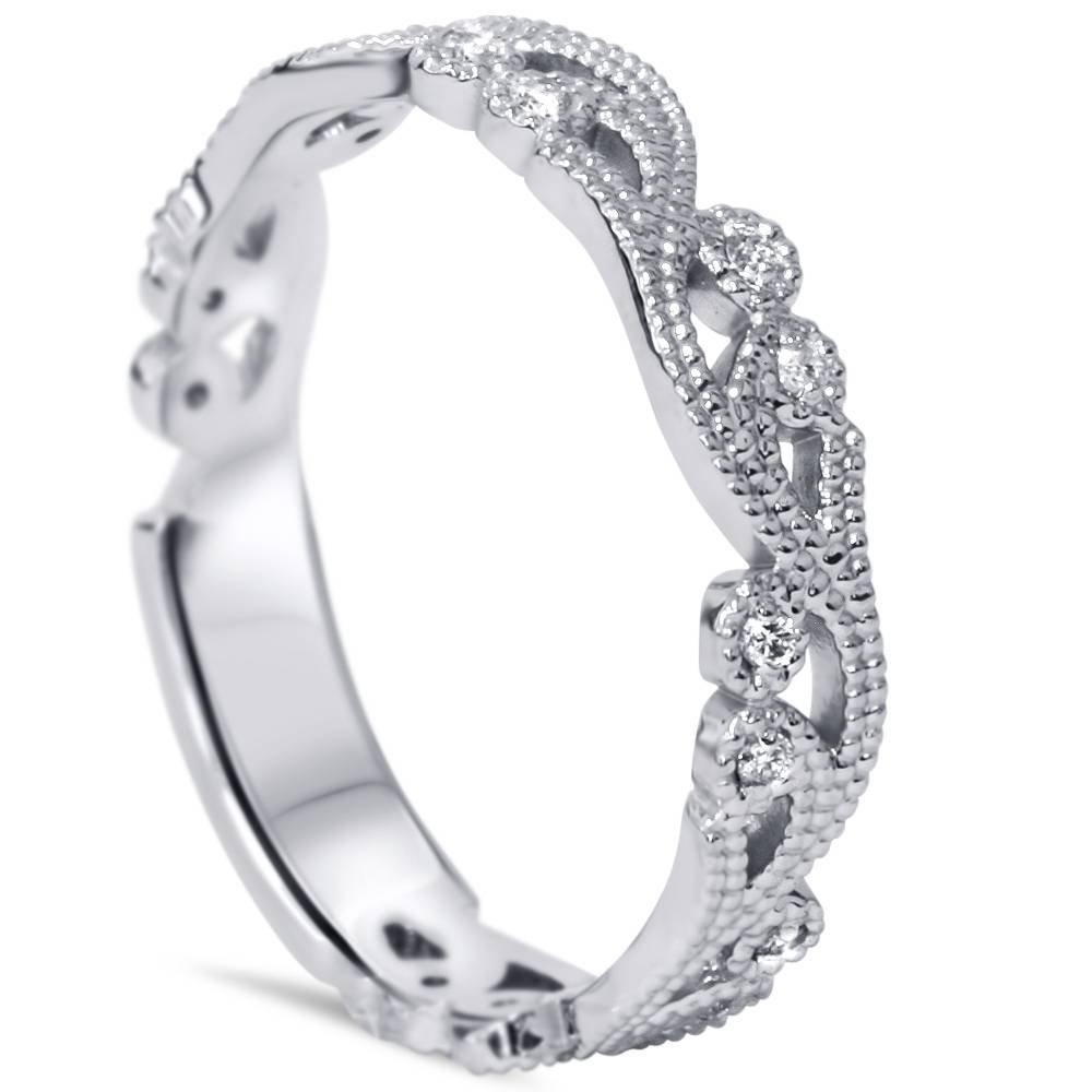 1/6ct Vintage Scroll Stackable Diamond Ring - 14K White Gold Engagement Wedding Band for Women - Perfect for Anniversary, Proposal & Everyday Elegance