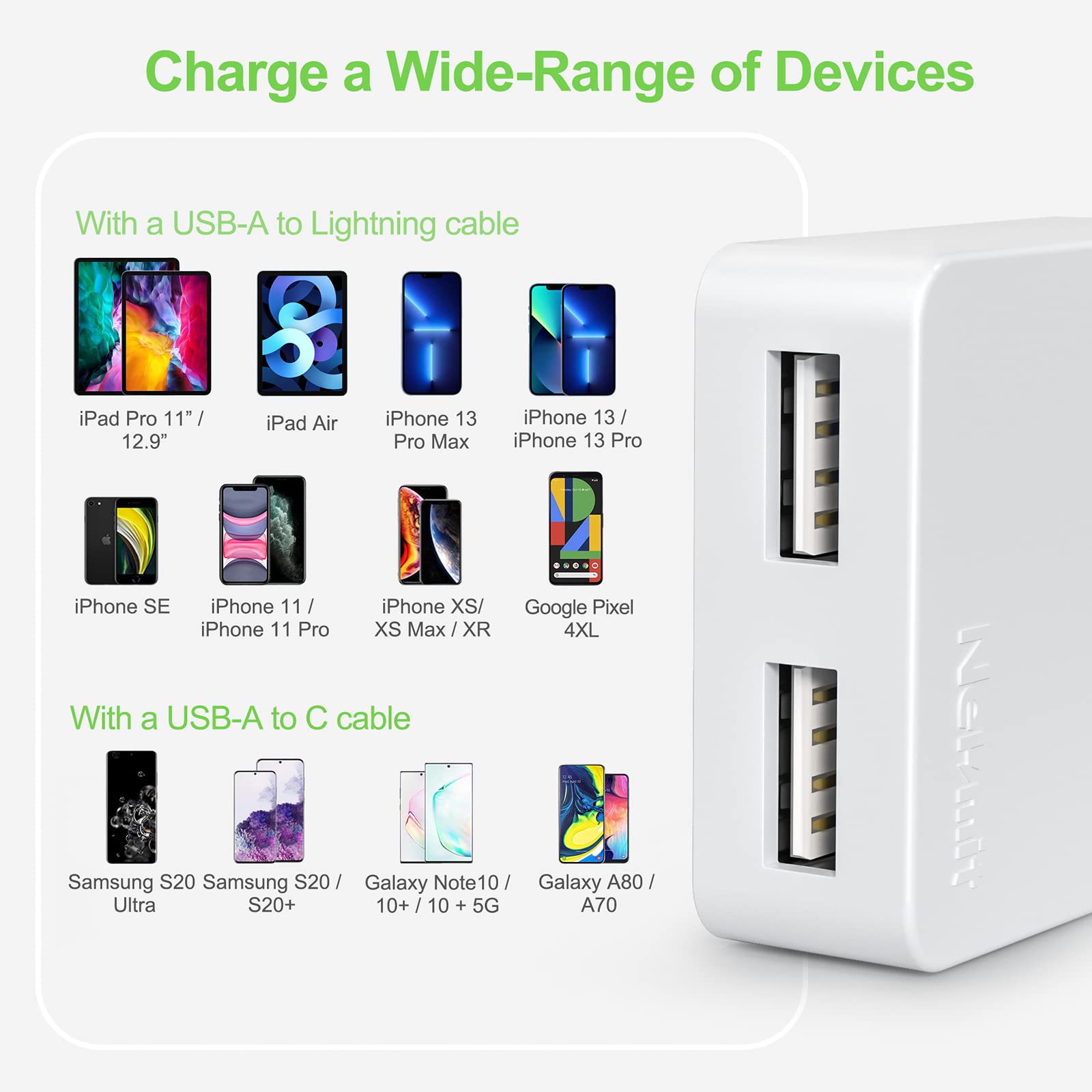 Fast Charging Nekmit Dual Port USB Wall Charger with Smart IC - Ultra Thin & Compact Design, White - Perfect for Travel, Home, and Office Use