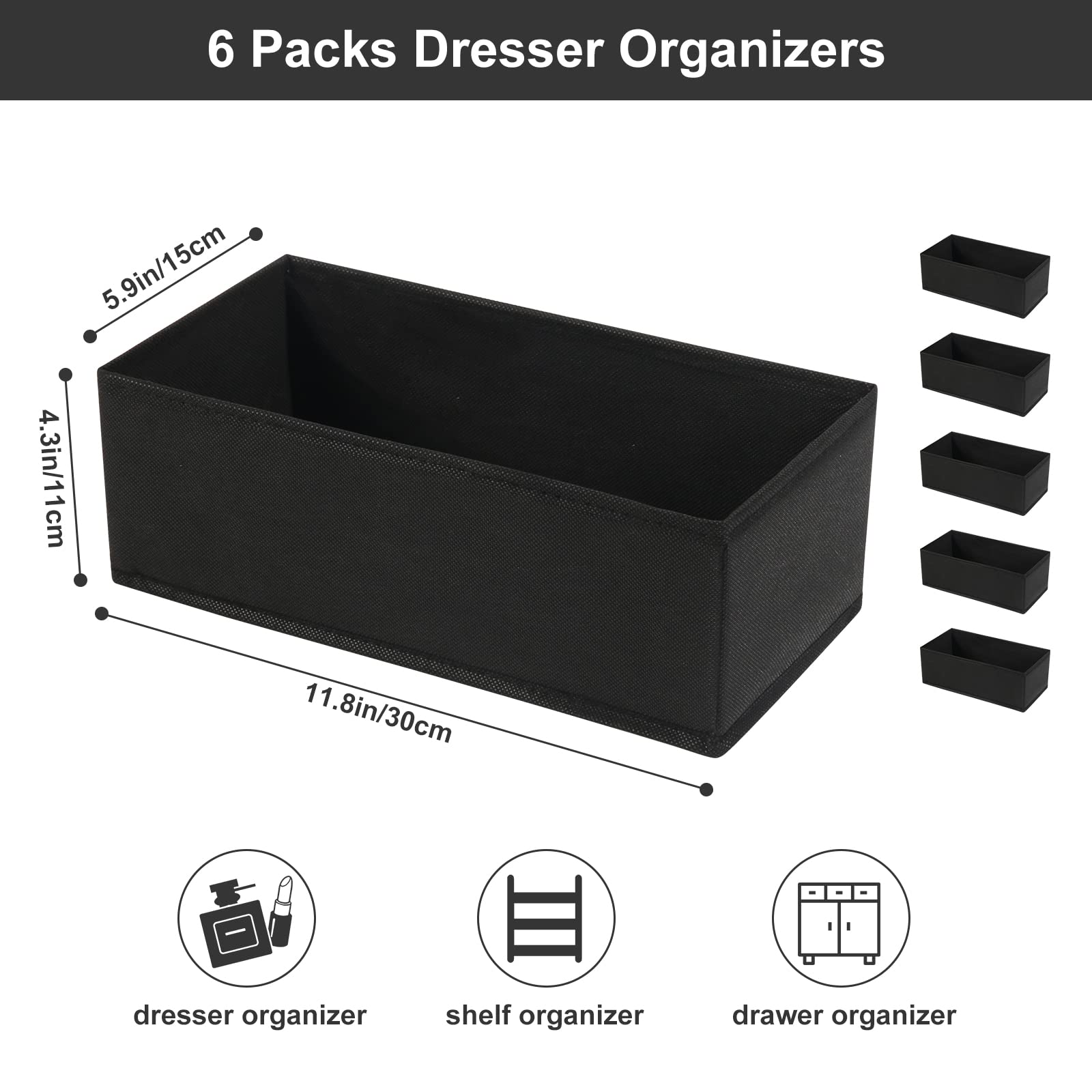 6-Pack Woven Fabric Dresser Drawer Organizers for Clothing & Baby Clothes - Black Storage Bins for Bedroom, Nursery & Closet Organization | Perfect for Socks, Underwear, Onesies & Accessories