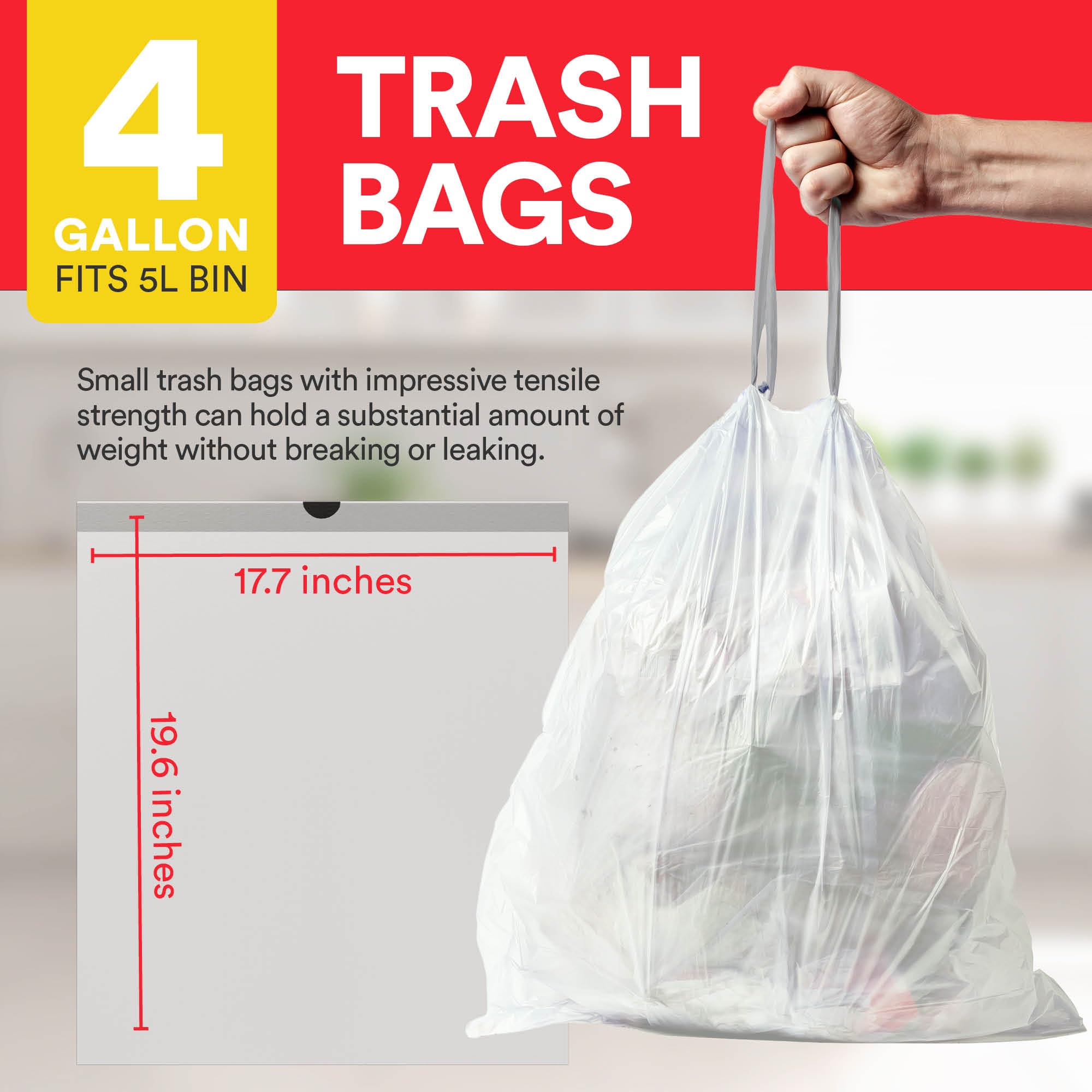 4 Gallon Small Trash Bags with Drawstring - 57 Count White Unscented Garbage Bags | Waste Basket & Trash Can Liners for Bathroom, Kitchen, Office & Home Cleaning Supplies | Perfect for Small Bins, Diaper Pails & Pet Waste Disposal
