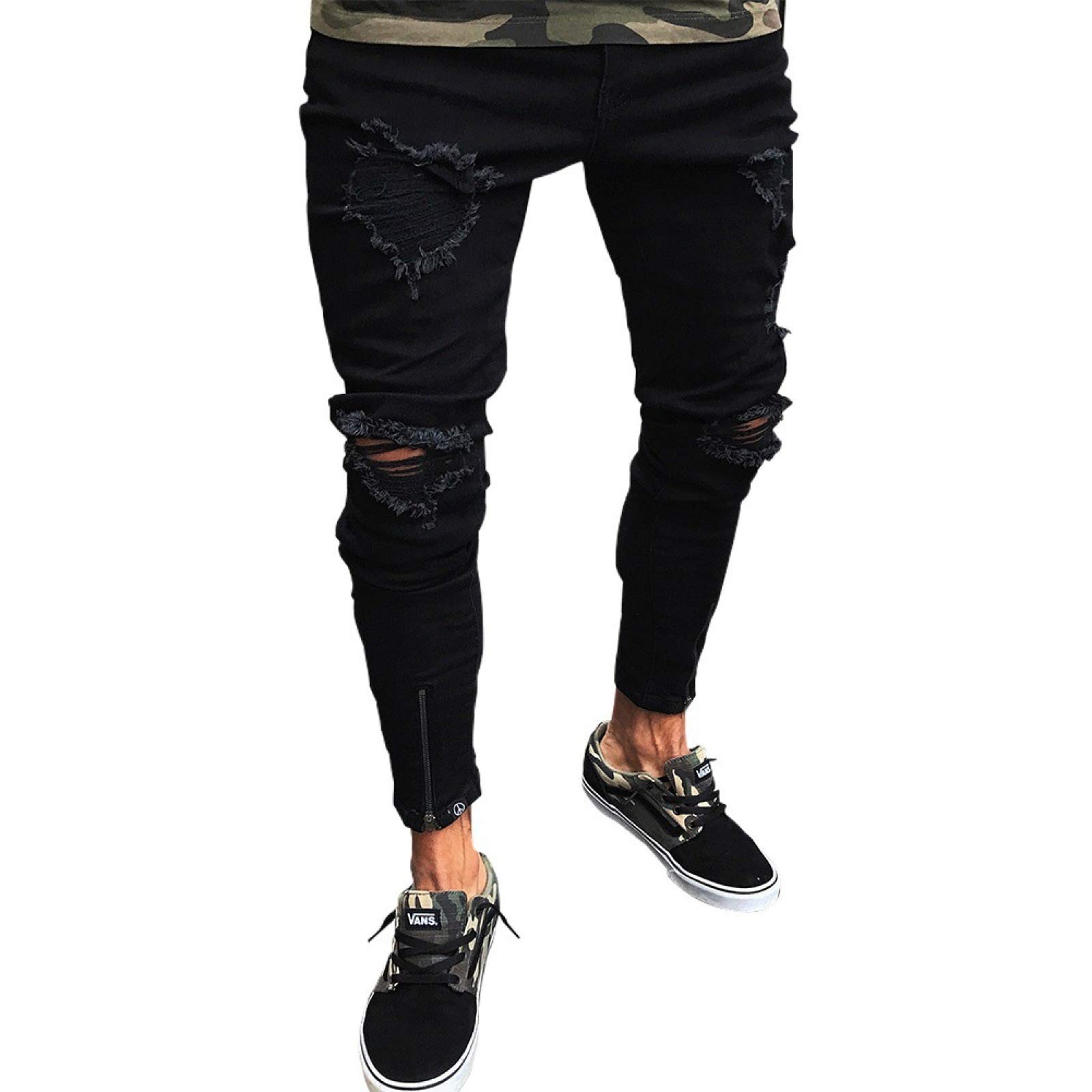 Men's Designer Black Skinny Jeans - Ripped & Destroyed Stretch Slim Fit Denim Pants for Casual Wear & Night Out