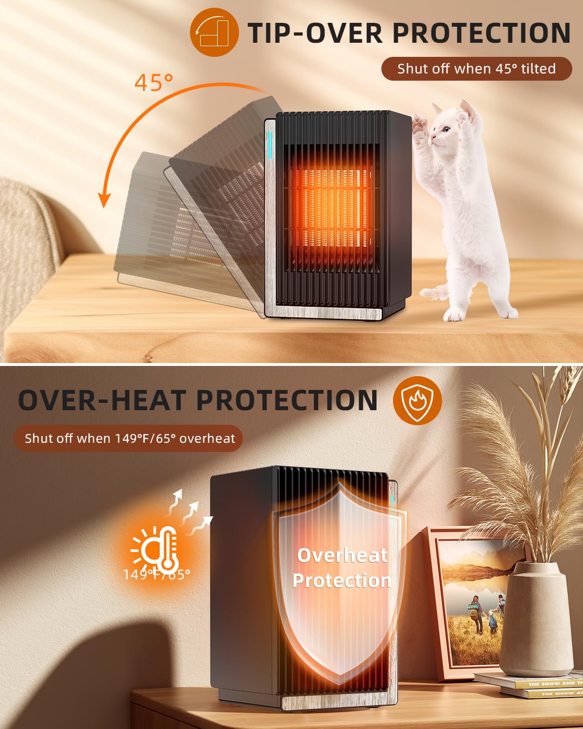 Portable Space Heater 1200W/800W with Timer - Fast Heating PTC Ceramic Heater with Tip-Over & Overheat Protection - Compact Electric Heater for Office, Bedroom & Indoor Use - Perfect for Winter Warmth & Energy Efficient Heating