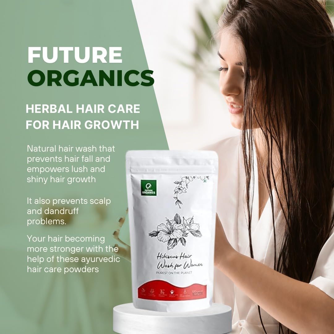 Future Organics Hibiscus Hair Wash Powder for Women - 100g Natural Herbal Shampoo for Hair Growth & Anti-Hair Loss - Sulfate-Free Ayurvedic Treatment for Stronger, Healthier Hair - Ideal for Daily Use & Scalp Care