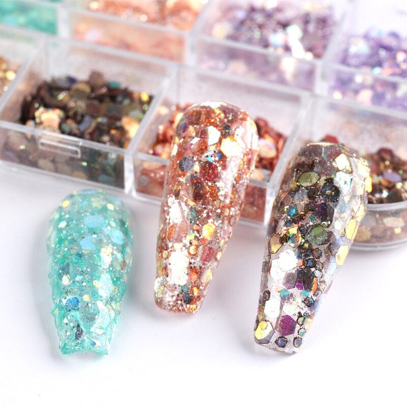 Hexagon Sequins Glitter Nail Art Tray - Professional Nail Design Accessories for DIY Manicure, Salon & Home Use