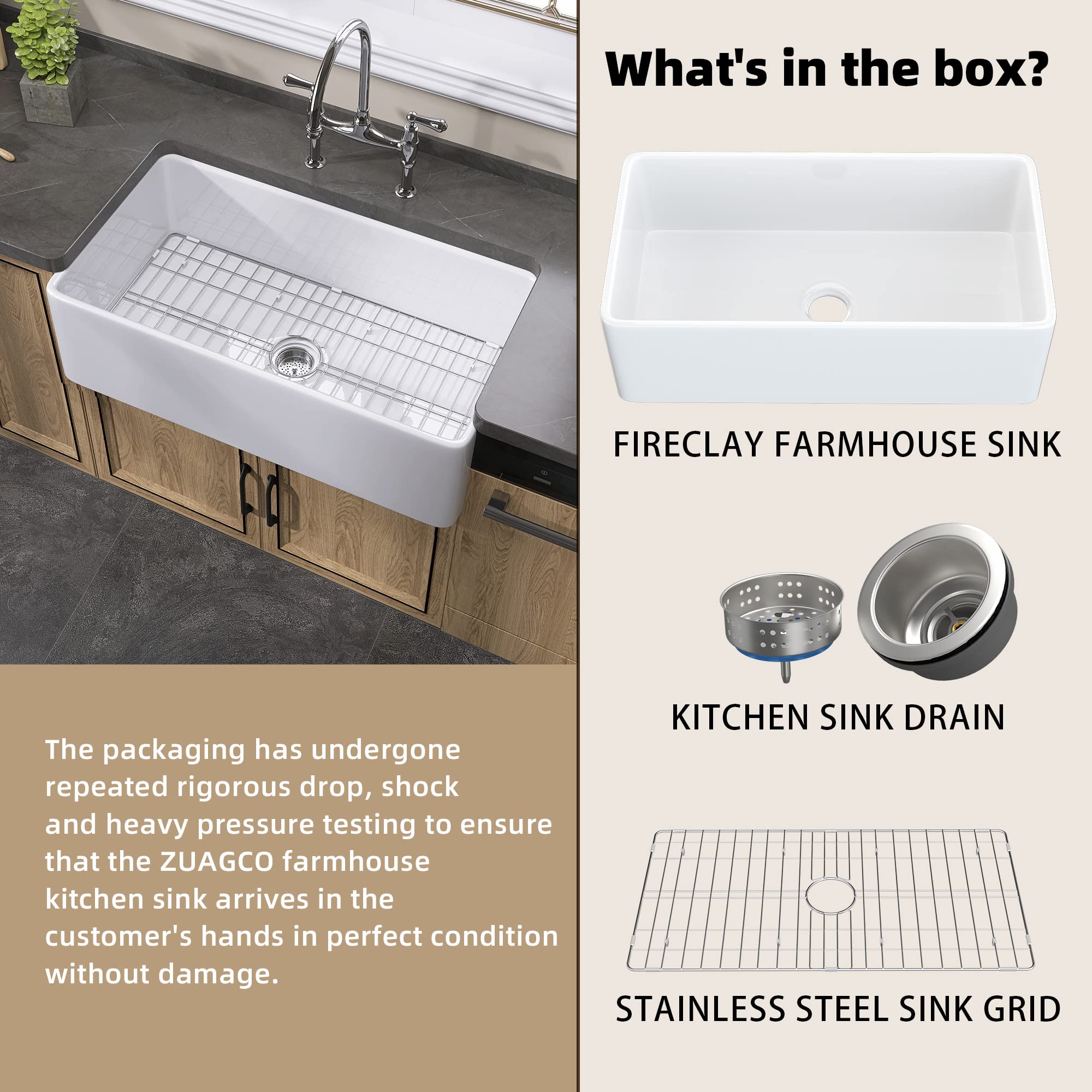 33 Inch White Farmhouse Apron Front Fireclay Kitchen Sink - Large Capacity Deep Single Bowl with Protective Bottom Grid & Strainer - Perfect for Rustic Kitchens, Farmhouse Renovations & Modern Farmhouse Style Homes