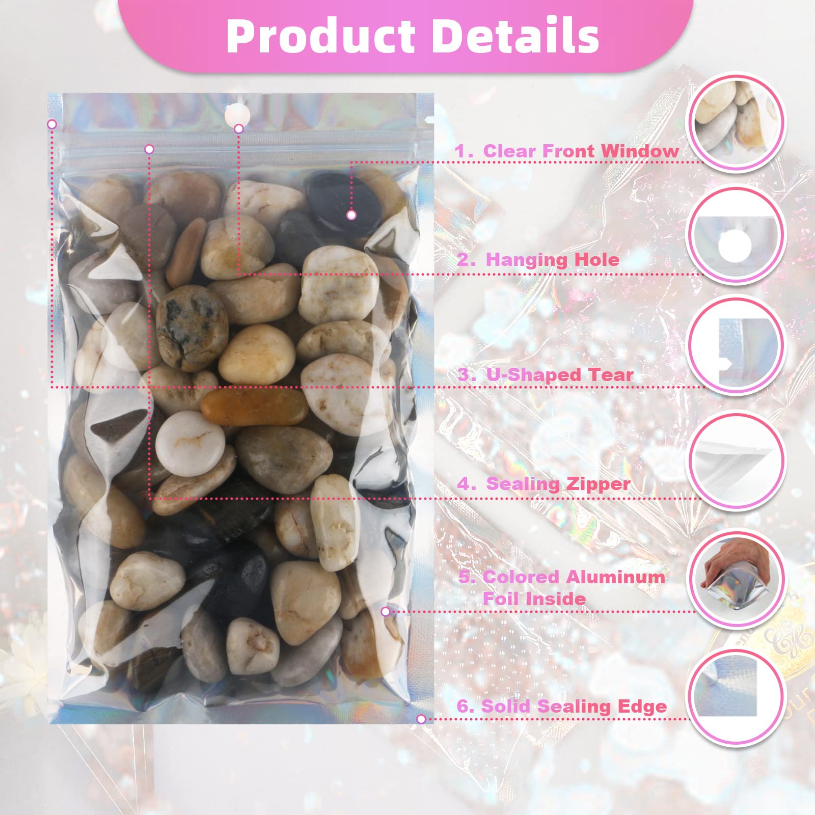 100 Pack Resealable Mylar Bags with Front Window - 6.3