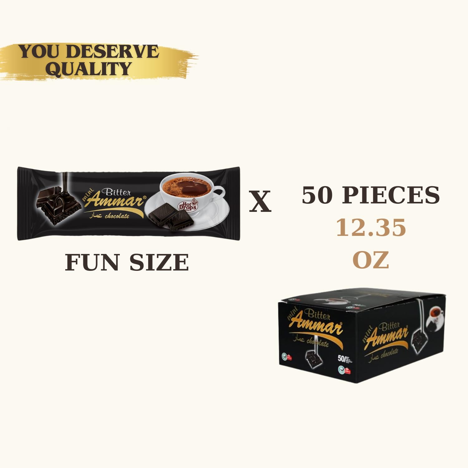AMMAR Dark Chocolate (50 Pcs, 12.35 Oz) - Fun Size Mini Dark Chocolate Snacks, Bulk Dark Chocolate for Parties, Gifts & Office Treats - Perfect for Halloween, Christmas & Everyday Indulgence