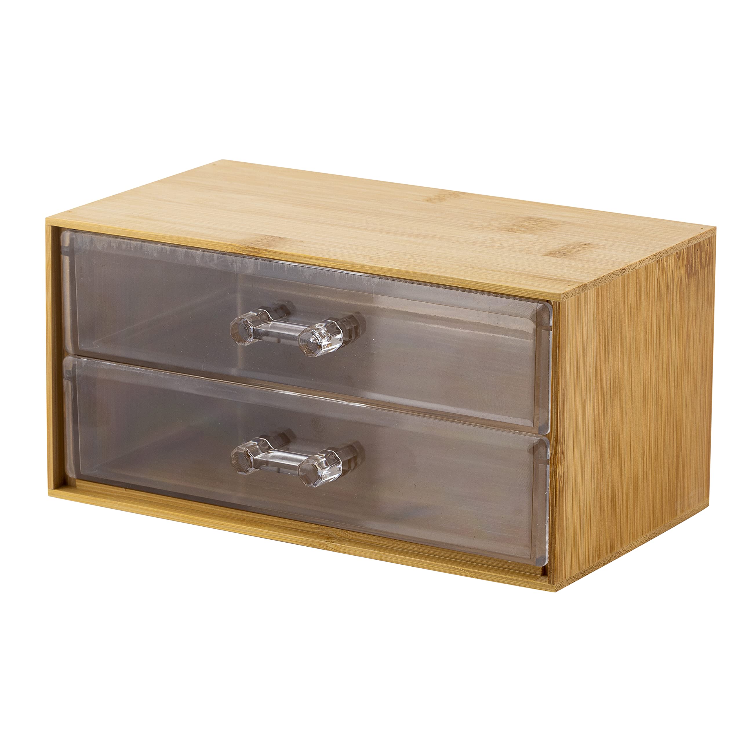 2-Tier Cosmetic and Jewelry Organizer - Clear Acrylic & Bamboo Makeup Storage Box for Vanity, Dresser or Bathroom Countertop - Perfect for Organizing Makeup Brushes, Rings, Earrings and Beauty Accessories