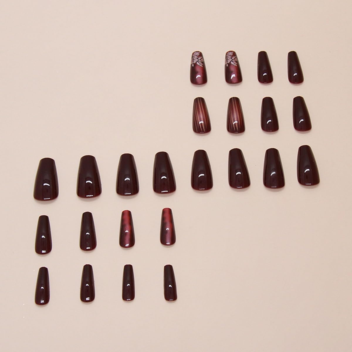 24 Pcs Dark Red Press on Nails Medium Square Spring Flower Fake Nails Coffin False Nails with Stripe Designs - Glossy Full Cover Acrylic Nail Kit for Women Manicure - Perfect for Parties, Weddings, and Daily Wear