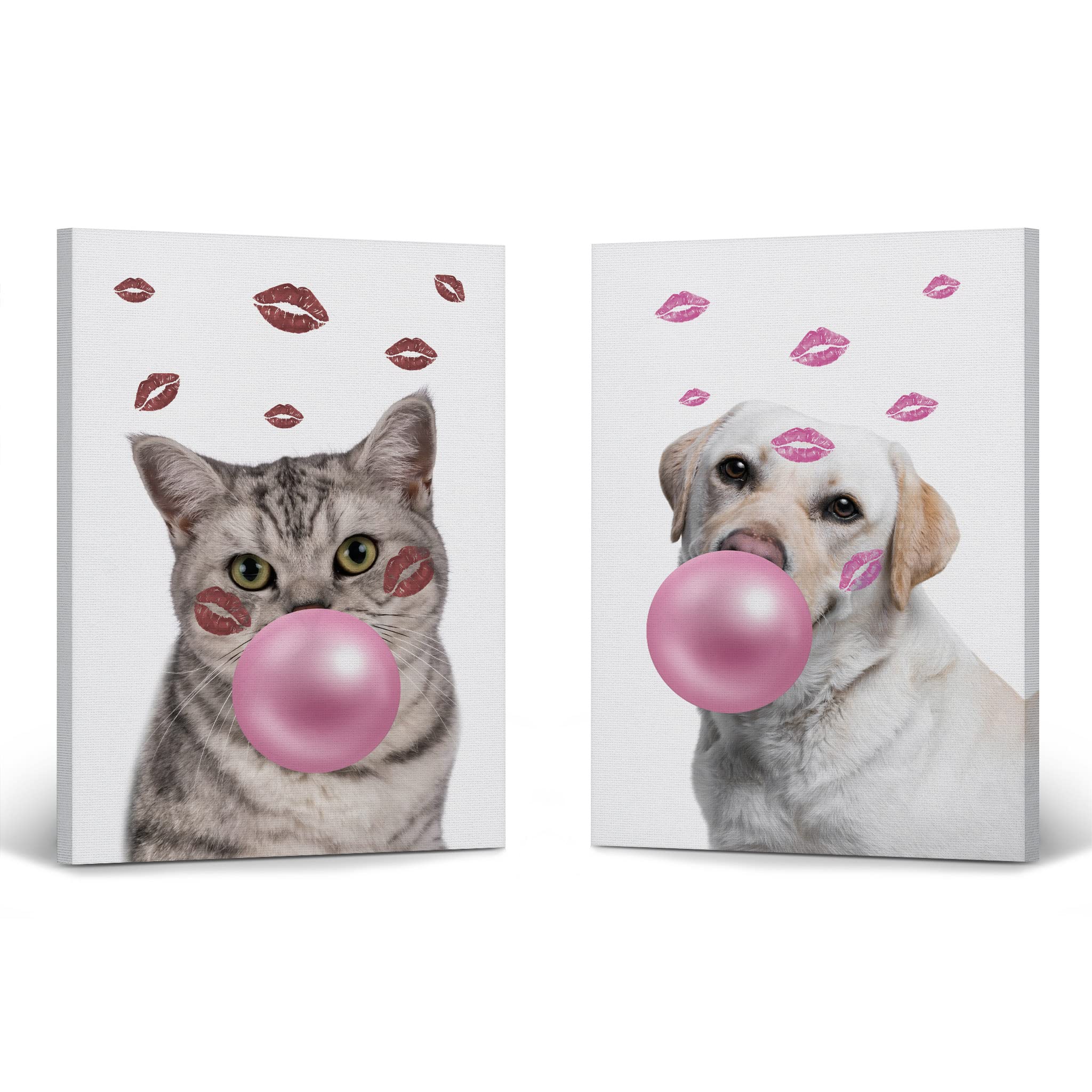 Brazilian Shorthair Cat & Golden Retriever Dog Chewing Bubble Gum Pop Art Canvas Prints Set - 2 Panel Animal Portrait Wall Decor for Living Room, Bedroom, Nursery (28x19 inches) - Perfect for Pet Lovers & Modern Home Decor
