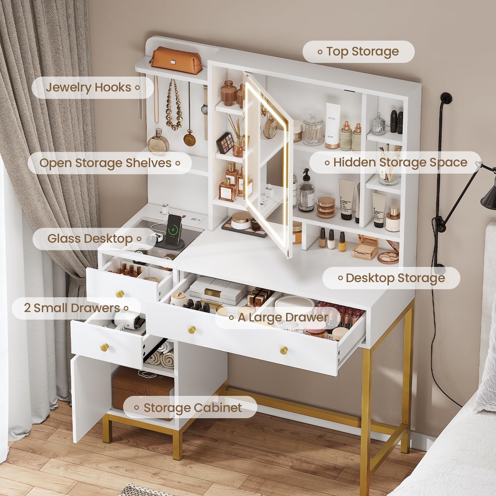 AOGLLATI 3-Color LED Makeup Vanity Set with Mirror, Charging Station & Storage - White Vanity Desk with Visible Drawers & Shelves for Bedroom, Dressing Room & Beauty Salon