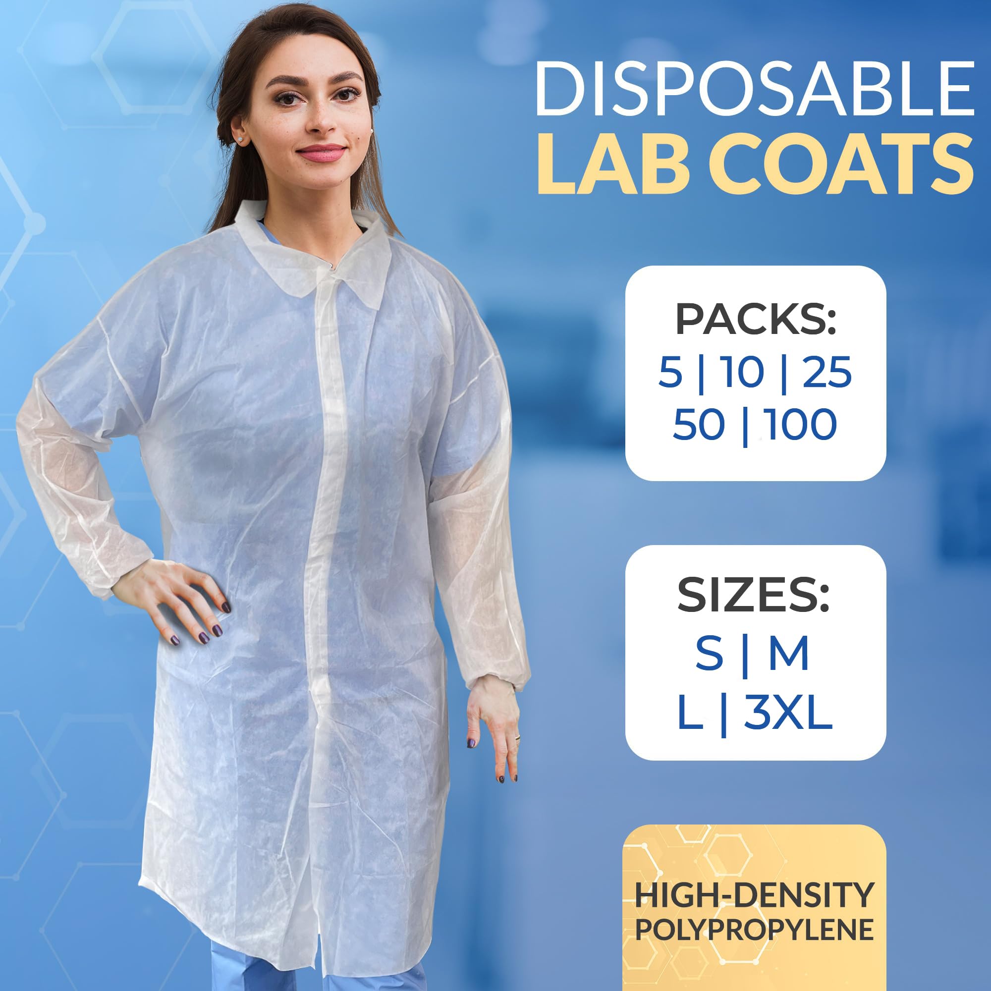 White Disposable Lab Coats for Adults - Small Size (Pack of 25) | Medical PPE Protective Clothing | 42 GSM Polypropylene Material with Elastic Cuffs & Hook Loop Closure | Ideal for Laboratories, Hospitals, Cleanrooms & Medical Professionals