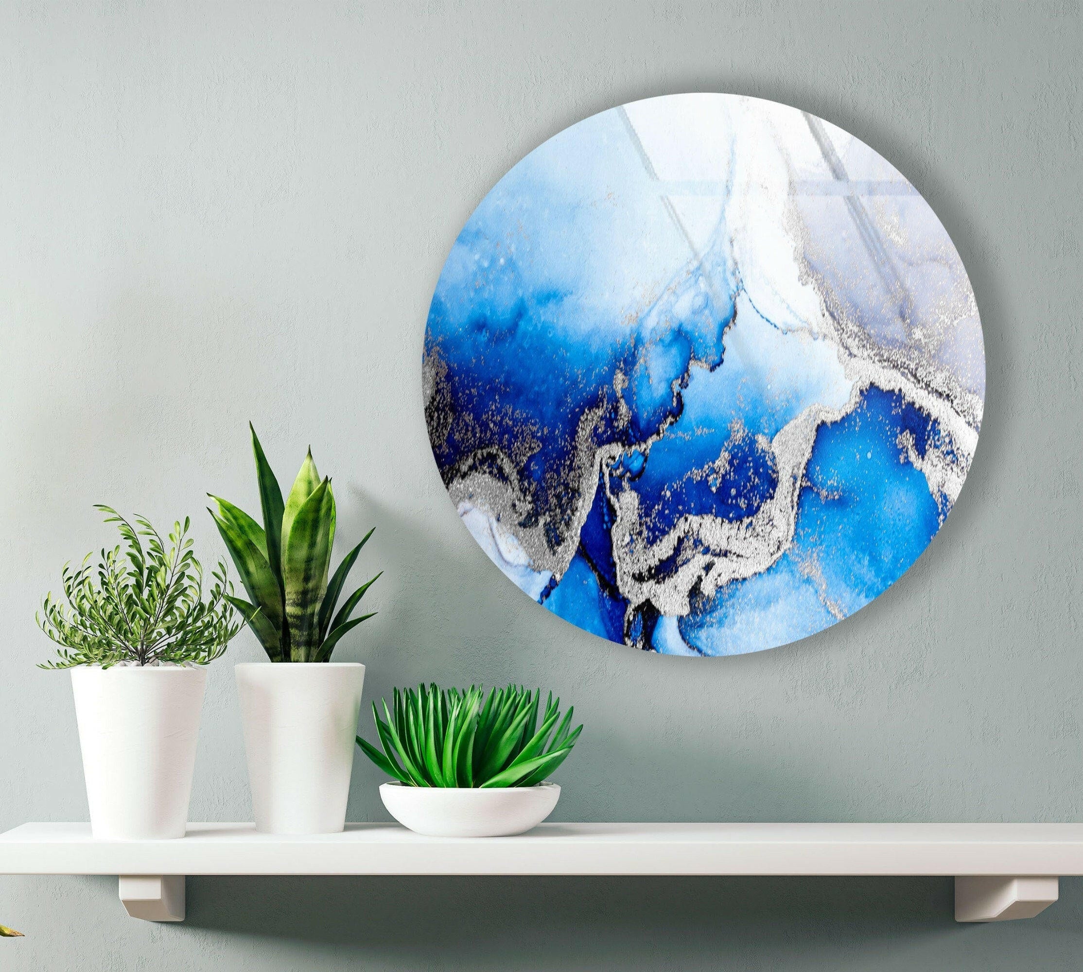 Blue Marble Round Glass Wall Art with Silver Accents - Elegant Home Decor for Living Room, Bedroom & Office