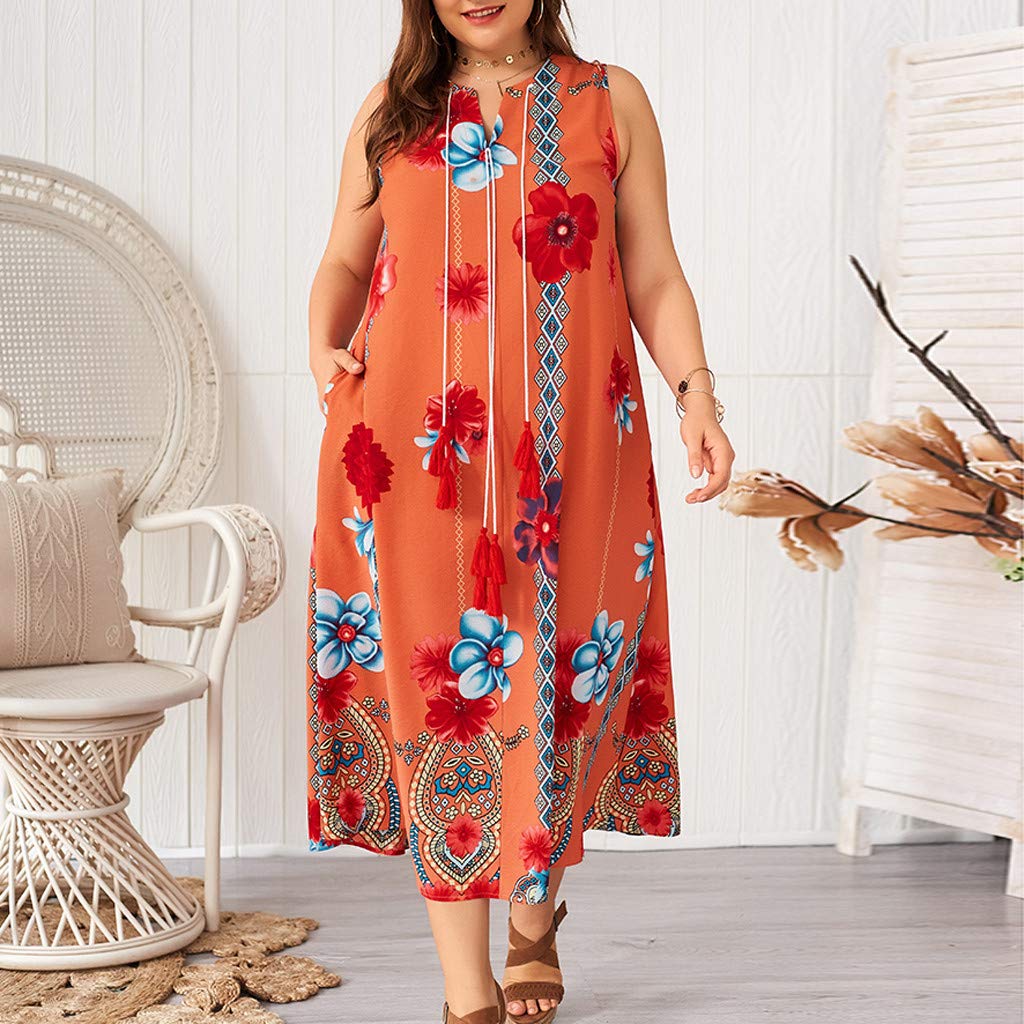 HHmei Plus Size Women's Floral Print Sleeveless V-Neck Boho Sundress - Perfect for Beach Vacations, Summer Parties & Casual Outings