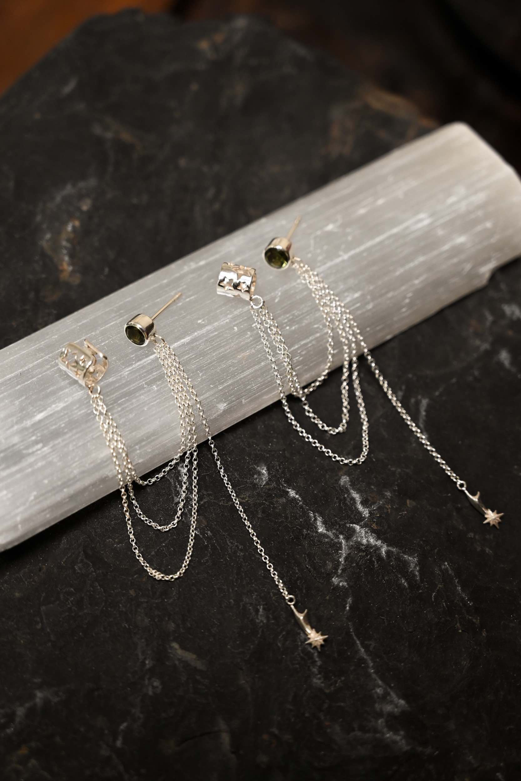 Authentic Moldavite Sterling Silver Ear Cuffs - Shooting Star Design | Elegant Bohemian Jewelry for Women | Perfect for Parties, Weddings & Spiritual Healing