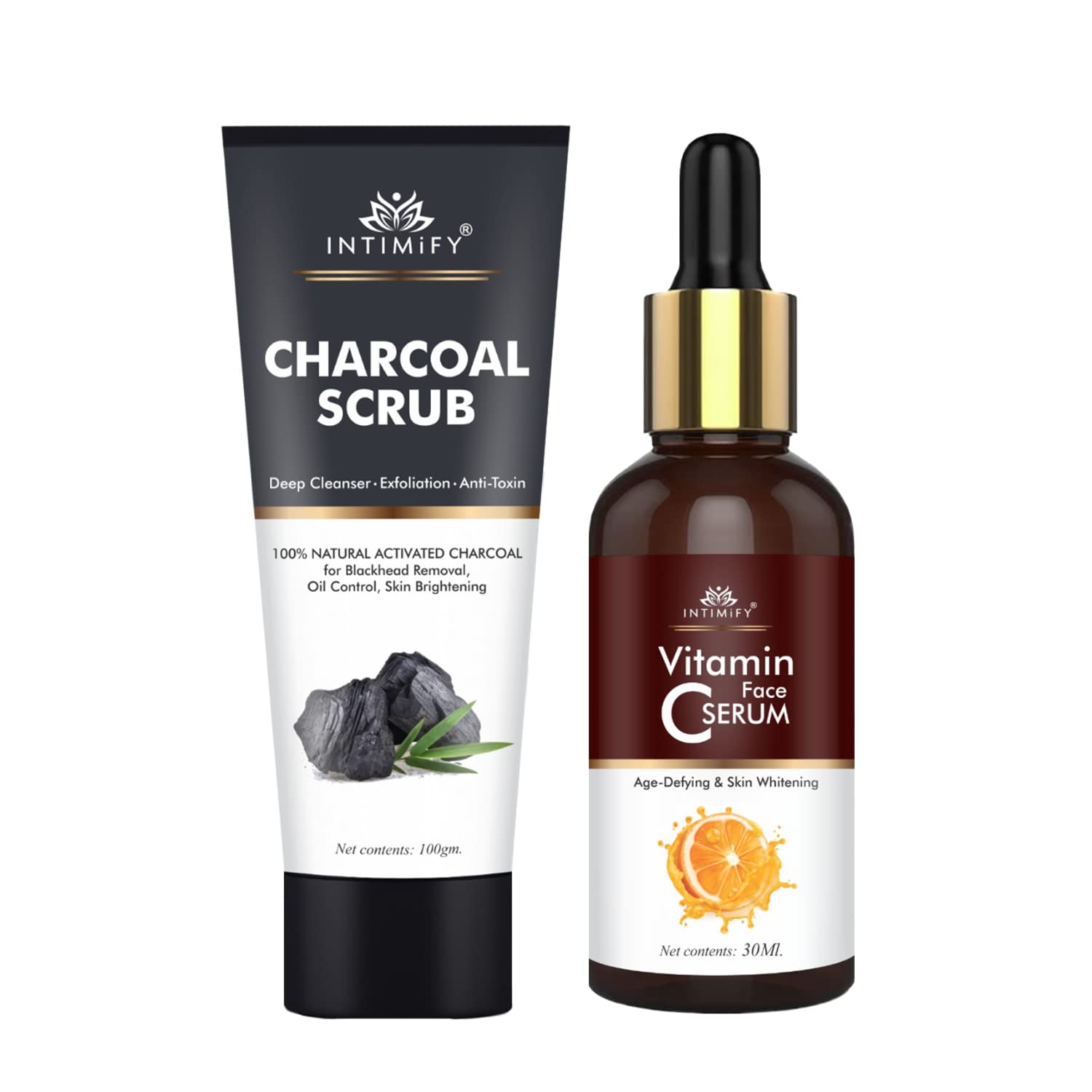 INTIMIFY Charcoal Peel Off Mask & Vitamin C Face Serum for Men & Women - 2 Pack Set for Deep Cleansing & Brightening - Perfect for Acne Prone & Dull Skin