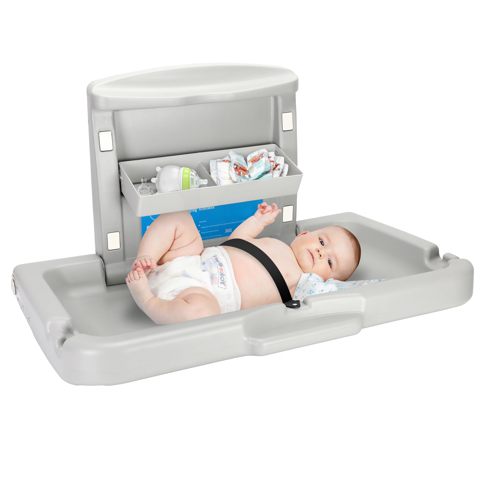 Commercial Baby Changing Station - Wall Mounted Foldable Diaper Changing Table with Storage Box, HDPE Safe Material Supports 60lbs - Perfect for Daycares, Restrooms & Nurseries