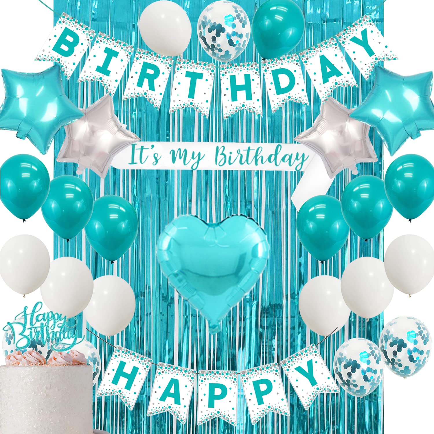 Teal Birthday Decorations for Girls - Happy Birthday Banner, Sash & Cake Topper Set, Turquoise Blue Metallic Tinsel Backdrop | Party Photo Booth Decor, Baby Shower, Gender Reveal Celebration