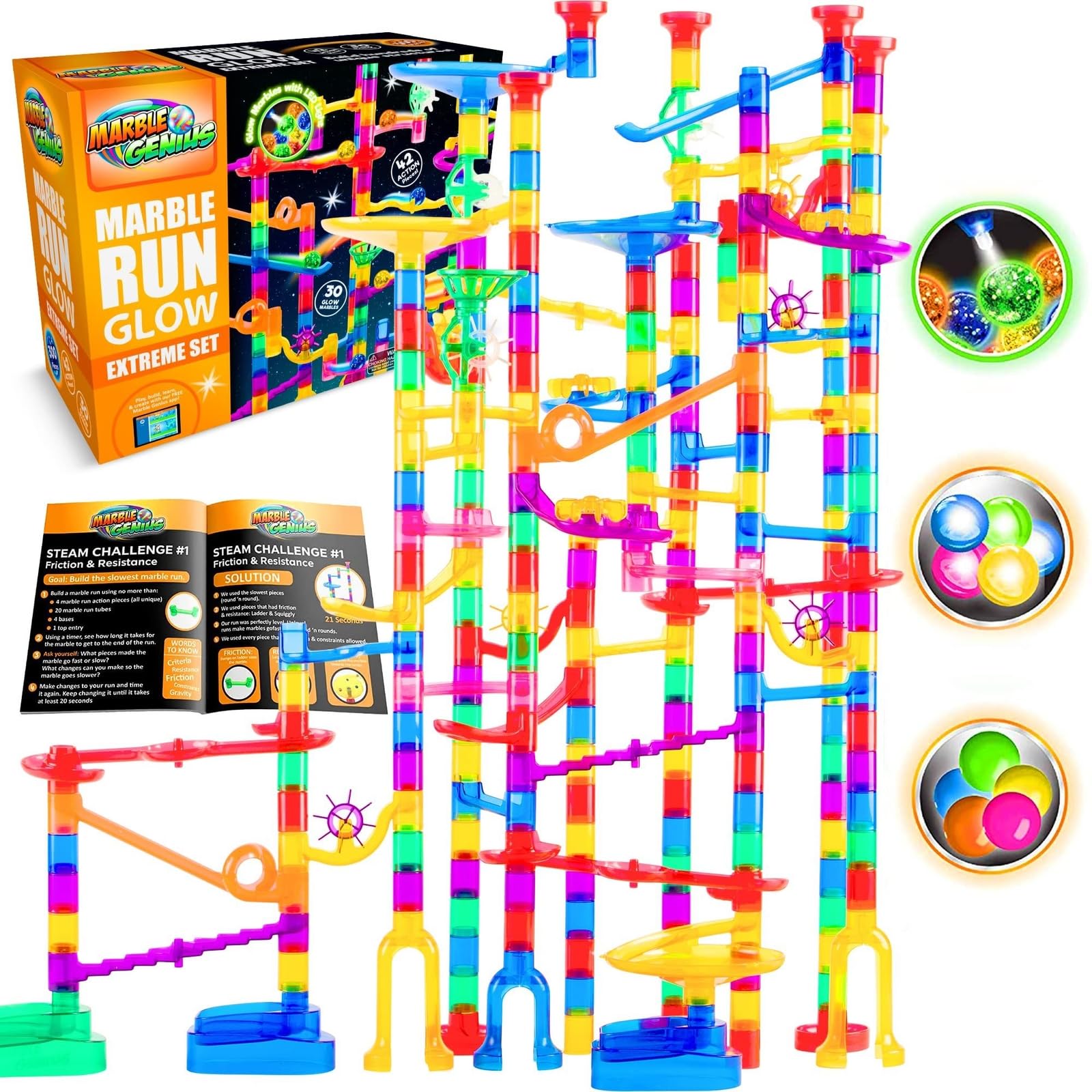 Marble Genius 300-Piece Glow in The Dark Marble Run Track Race Extreme Set - STEM Educational Building Toy for Kids Ages 4+ with Color Instruction Manual | Perfect for Easter Gifts, Birthday Presents & Indoor STEM Learning Activities