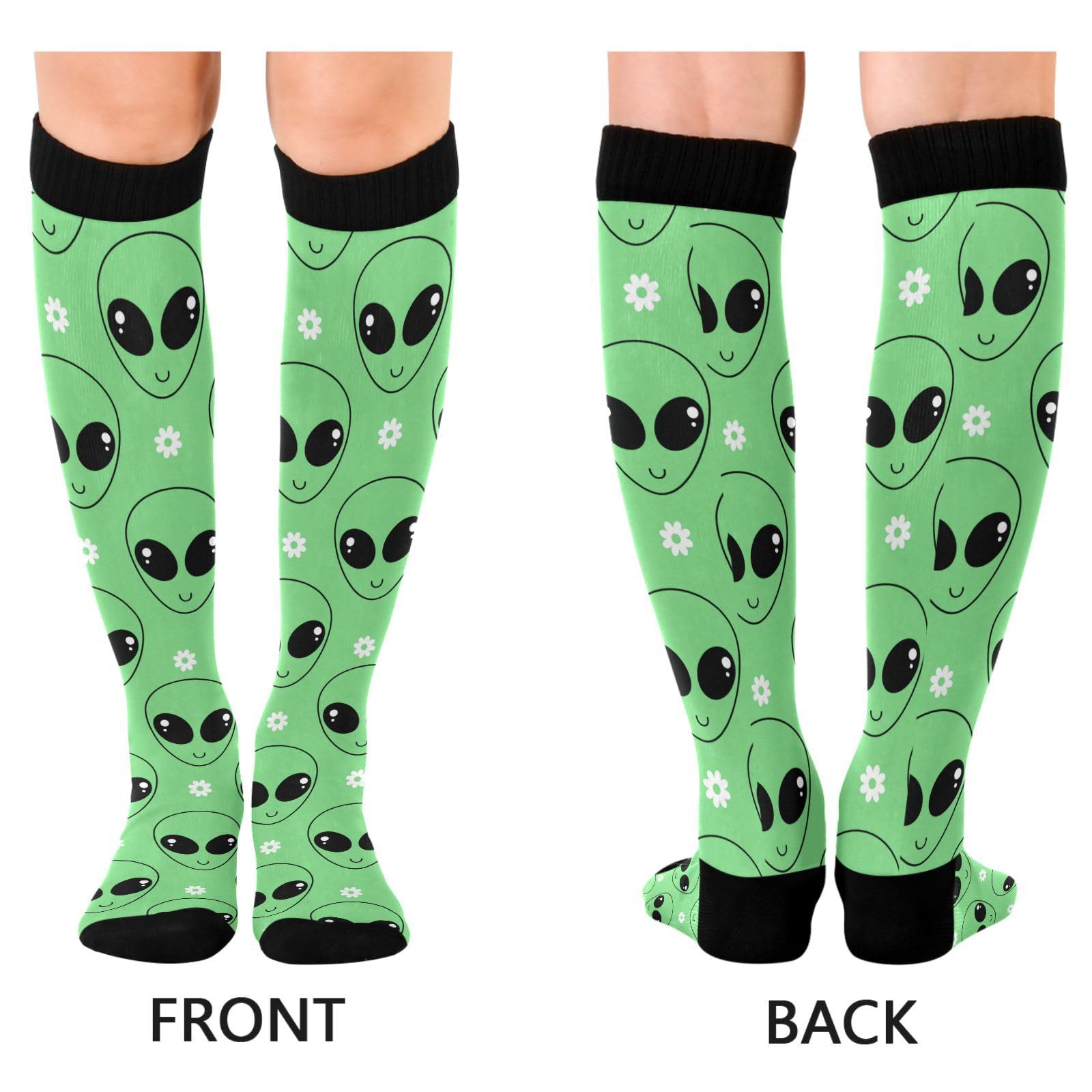 JUNZAN Alien Cartoon Knee High Compression Socks for Men & Kids - Running, Sports & Nurse Socks - One Size Fits Most - Perfect for Workouts, Nursing Shifts & Cosplay