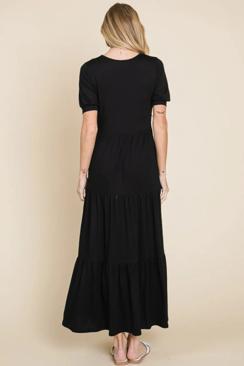 BOMBOM Women's Short Sleeve Tiered Maxi Dress - Flowy Summer Casual Dress with Elastic Waist for Beach, Vacation & Everyday Wear