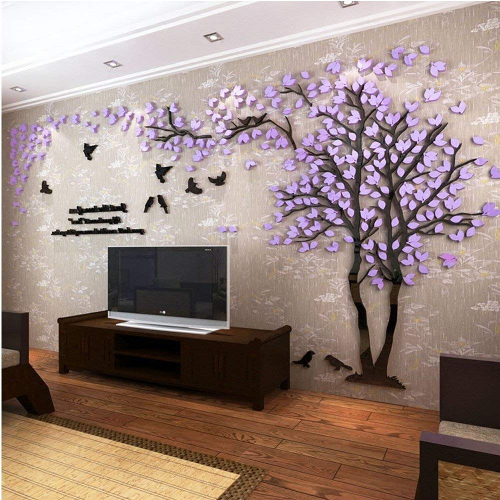 3D Tree Wall Stickers - DIY Tree and Birds Wall Decals for Living Room, Bedroom & TV Background - Large 158x79 Inch Peel and Stick Wall Mural - Perfect for Home Decor, Nursery, Kids Room (Purple Right)