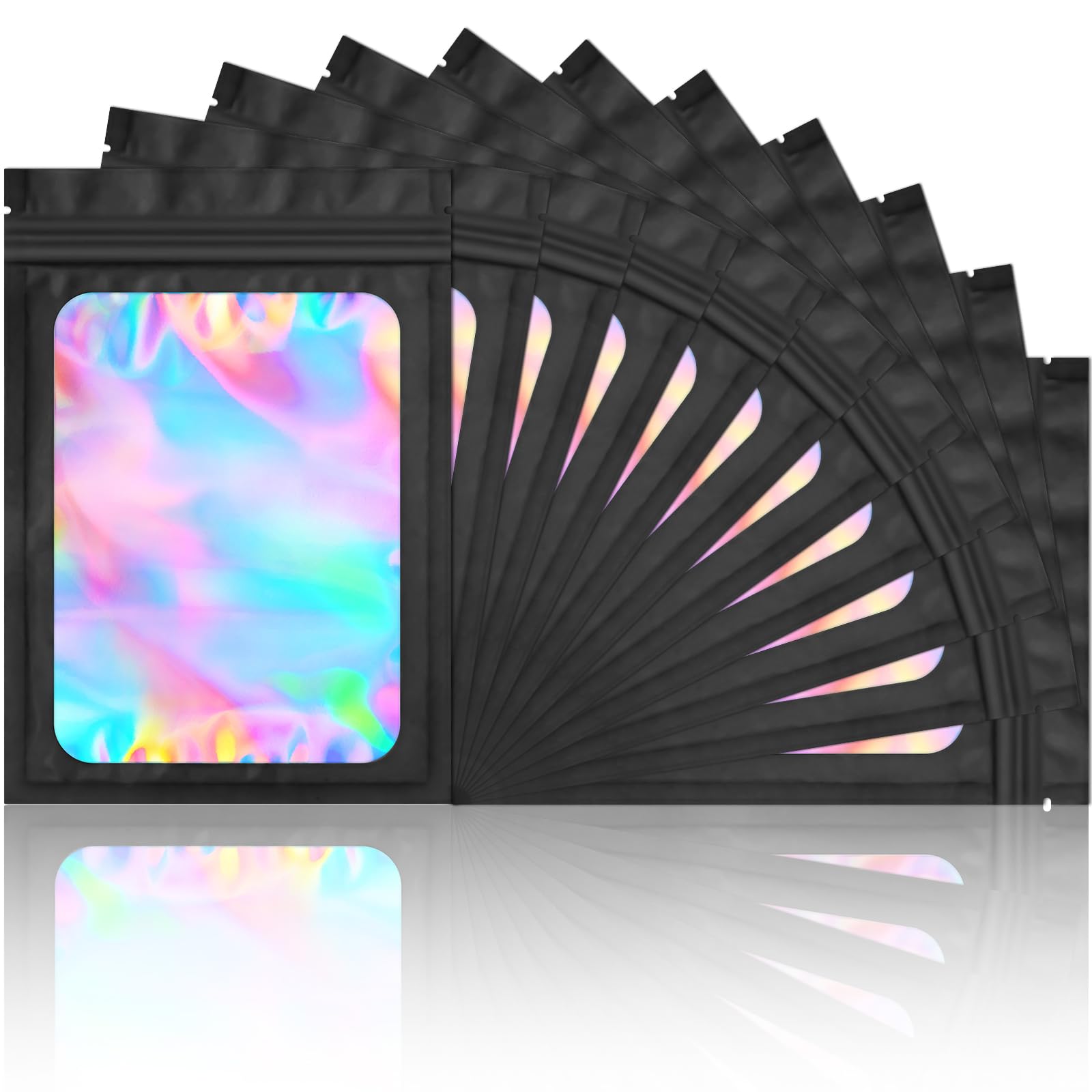 100-Pack Smell Proof Mylar Bags - Resealable Holographic Storage Pouch with Clear Window for Food, Eyelash, Jewelry & Electronics (4.7