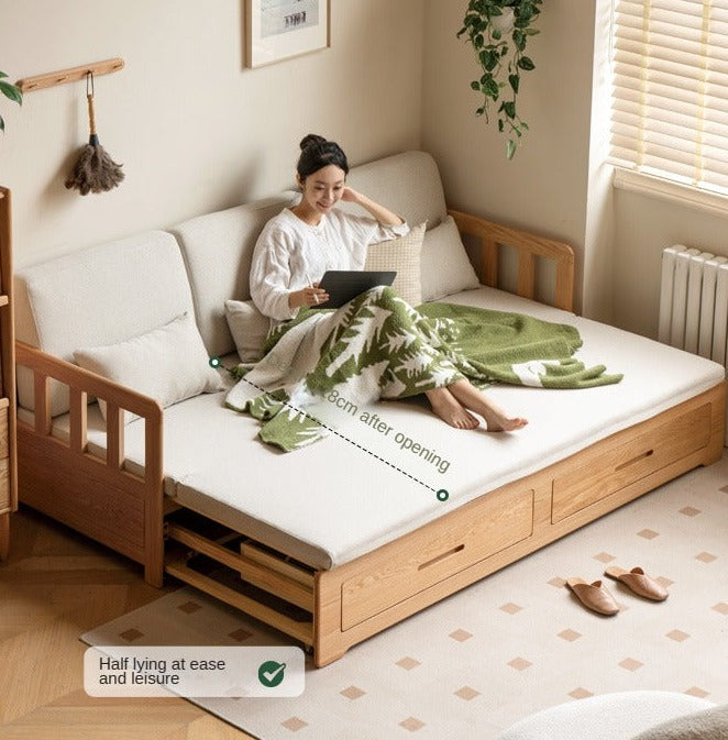Solid Oak Wood Sofa Bed with Folding & Retractable Storage | Convertible Sleeper for Small Spaces, Guest Rooms & Apartments