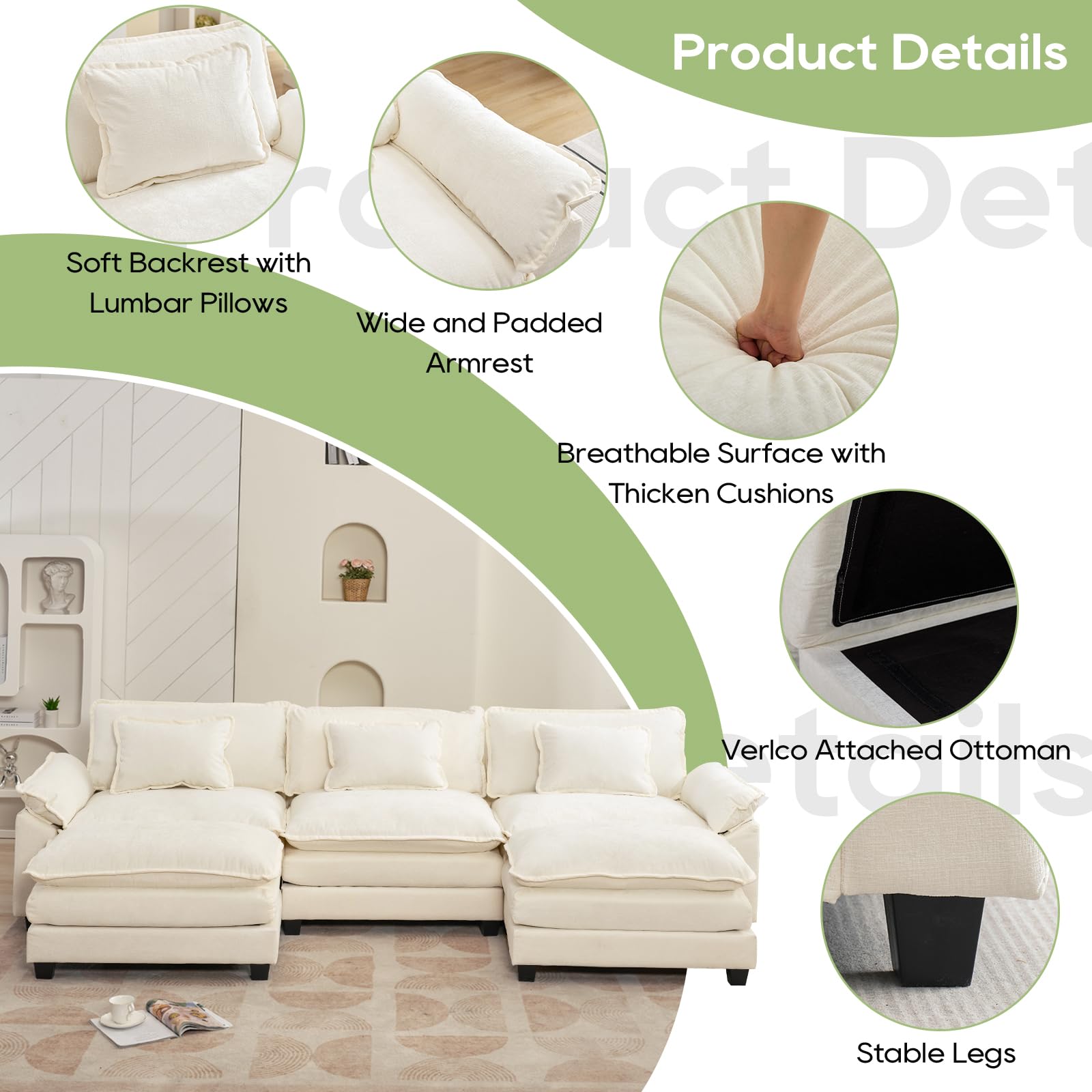 Modular Sectional Sofa with Ottoman - U-Shaped Cloud Couch in Soft Chenille Fabric, Deep Seat Sleeper Sofa with Throw Pillows (Beige White, 120