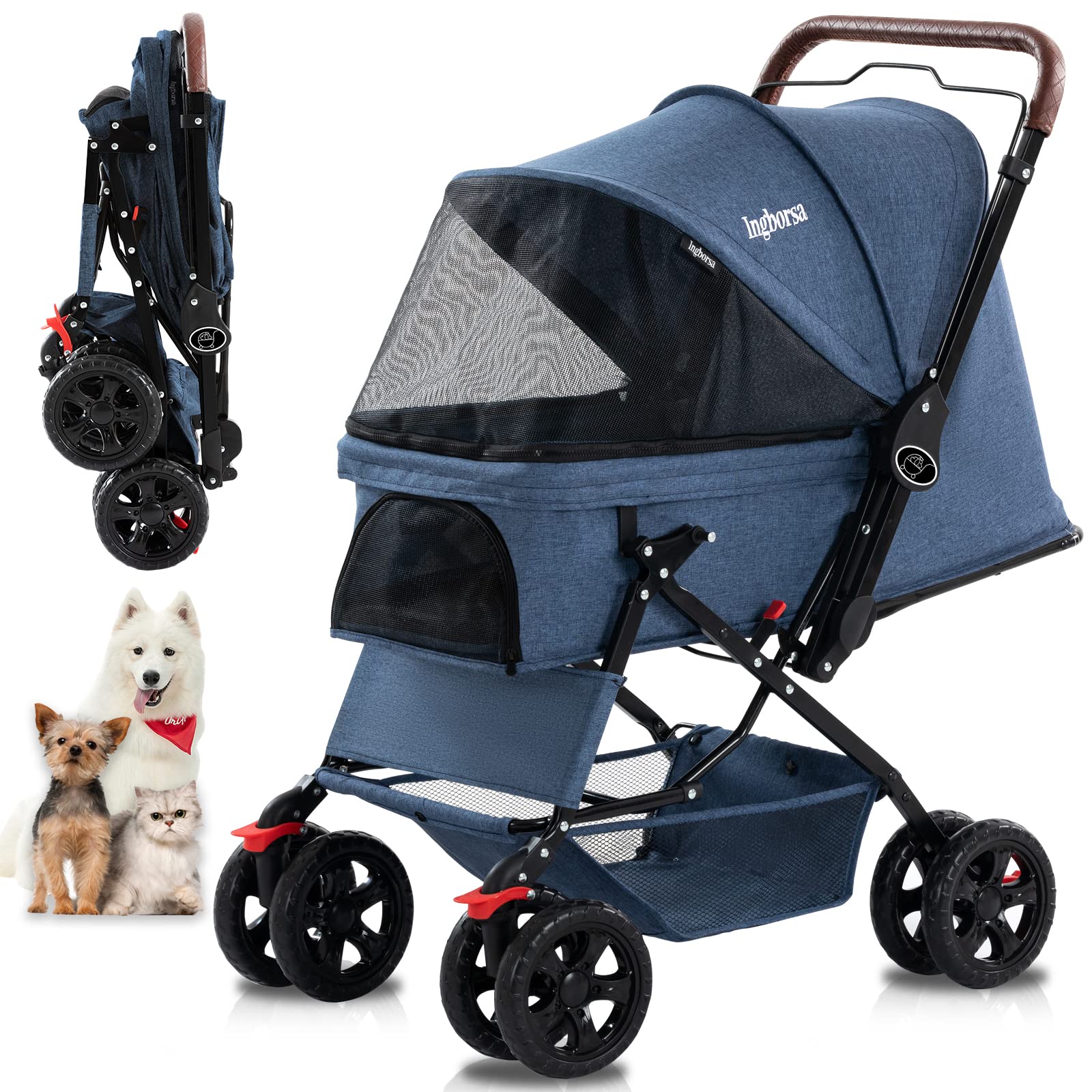 Premium 4-Wheel Pet Stroller for Small & Medium Dogs & Cats - Weatherproof Cover & Storage Basket - Blue - Perfect for Outdoor Walks, Vet Visits & Shopping Trips