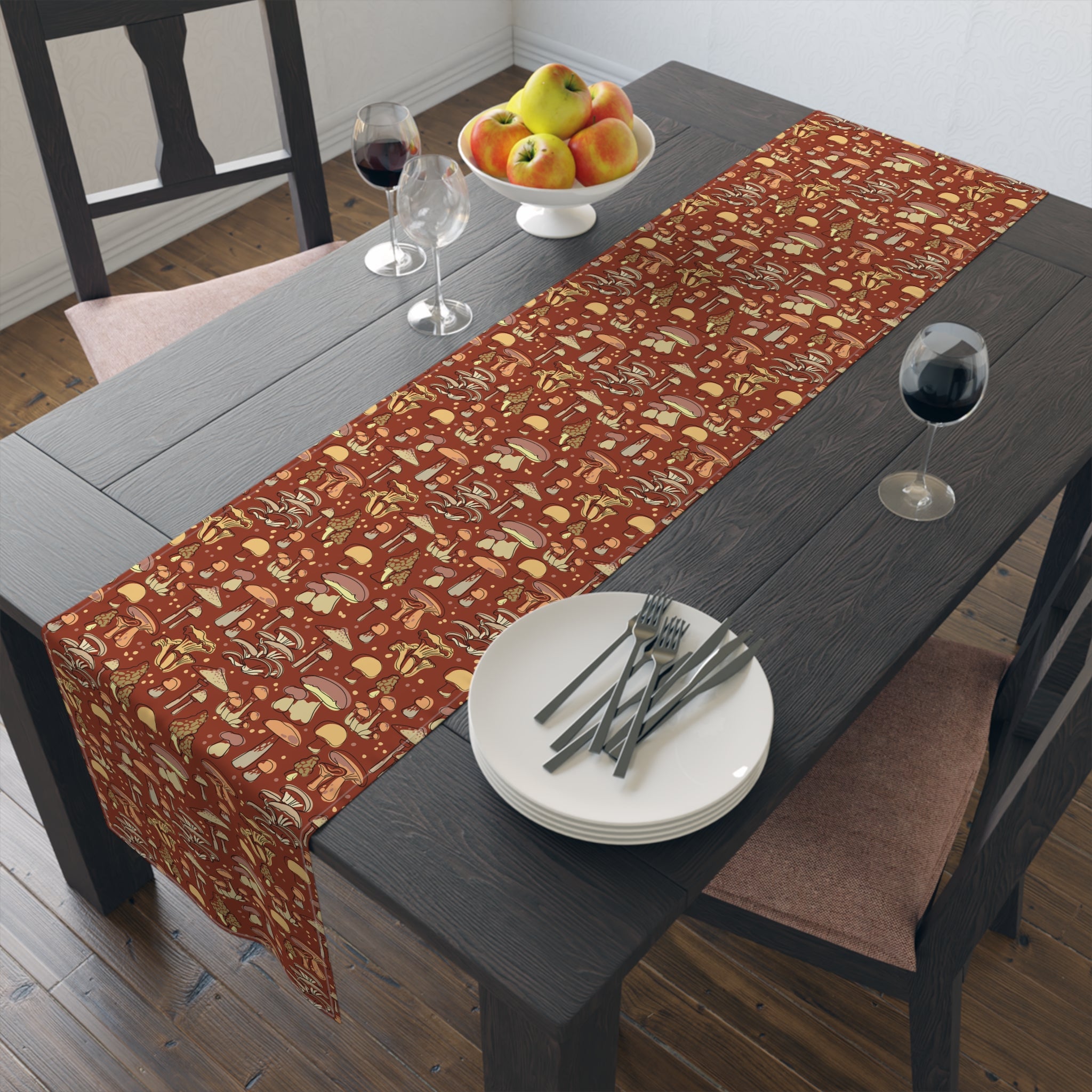 Stylish Cotton or Polyester Table Runner with Groovy Brown Mushroom Print - 2 Size Options for Dining & Kitchen Decor