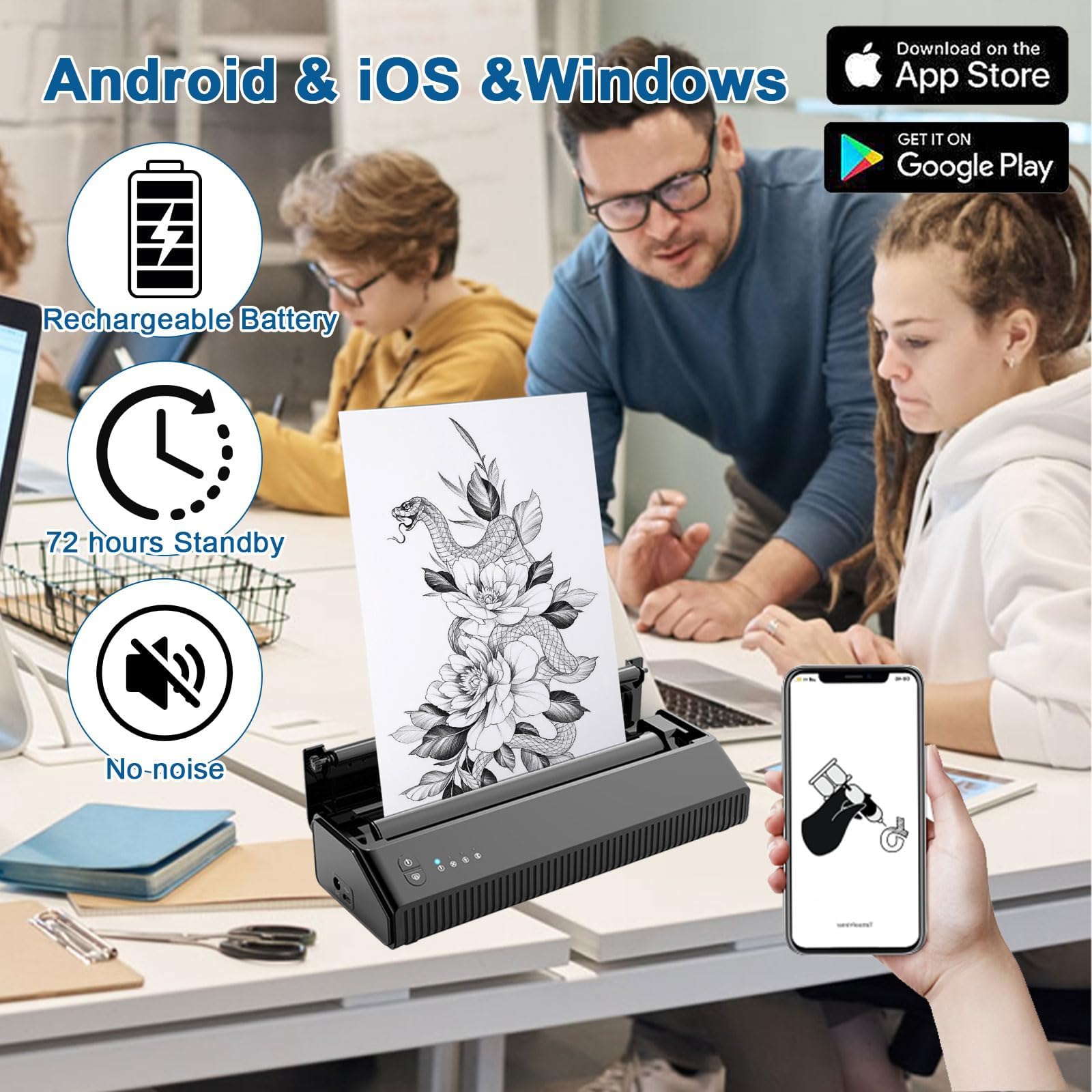 3D Bluetooth Tattoo Stencil Printer - Wireless Thermal Transfer Printer for Tattoo Artists | Compatible with Android, iOS, iPhone & PC | Perfect for Tattoo Shops, Home Studios & Professional Tattooing