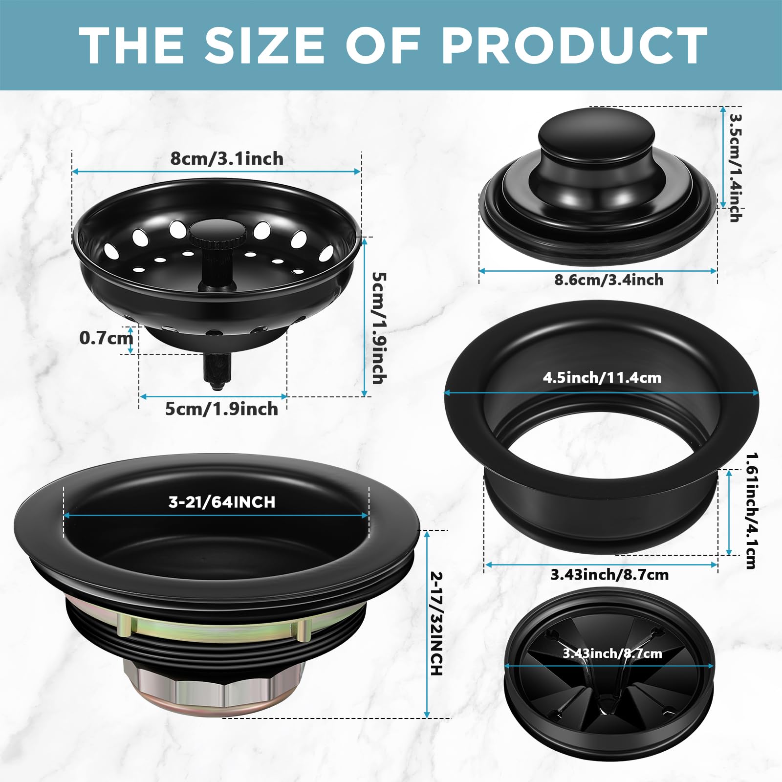 5-Piece Stainless Steel Kitchen Sink Drain Strainer Assembly - 3.5 Inch Sink Garbage Disposal Flange with Stopper & Splash Guard - Black Replacement Accessories Kit for Easy Cleaning and Waste Disposal