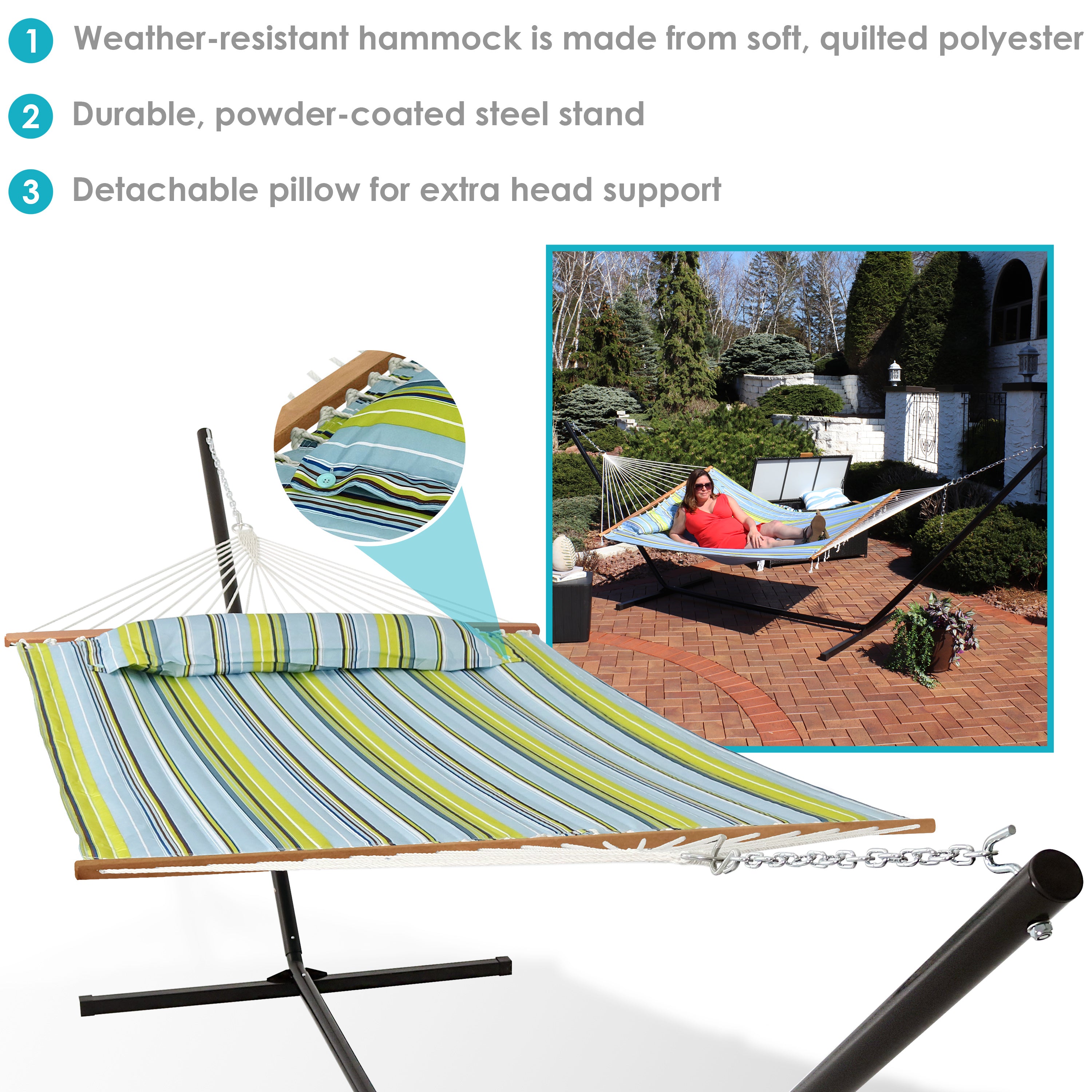 Sunnydaze 2-Person Freestanding Quilted Fabric Hammock with Stand - Portable Outdoor Hanging Bed for Backyard, Patio, Beach & Camping