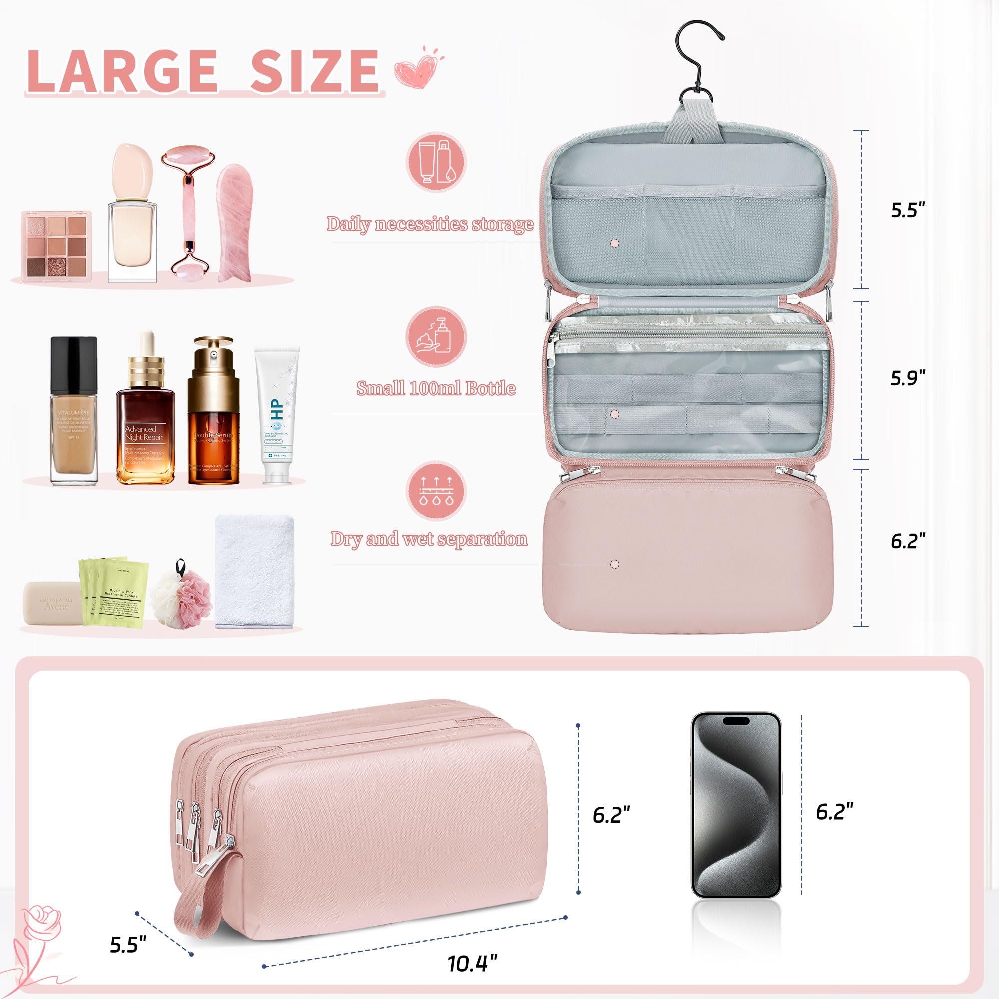 TOPEAST Hanging Travel Toiletry Bag for Women - Waterproof Cosmetic Organizer with Multiple Pockets for Makeup, Shampoo, Skincare | Perfect for Bathroom Door, Hotel Room Essentials & Weekend Getaways (Pink)