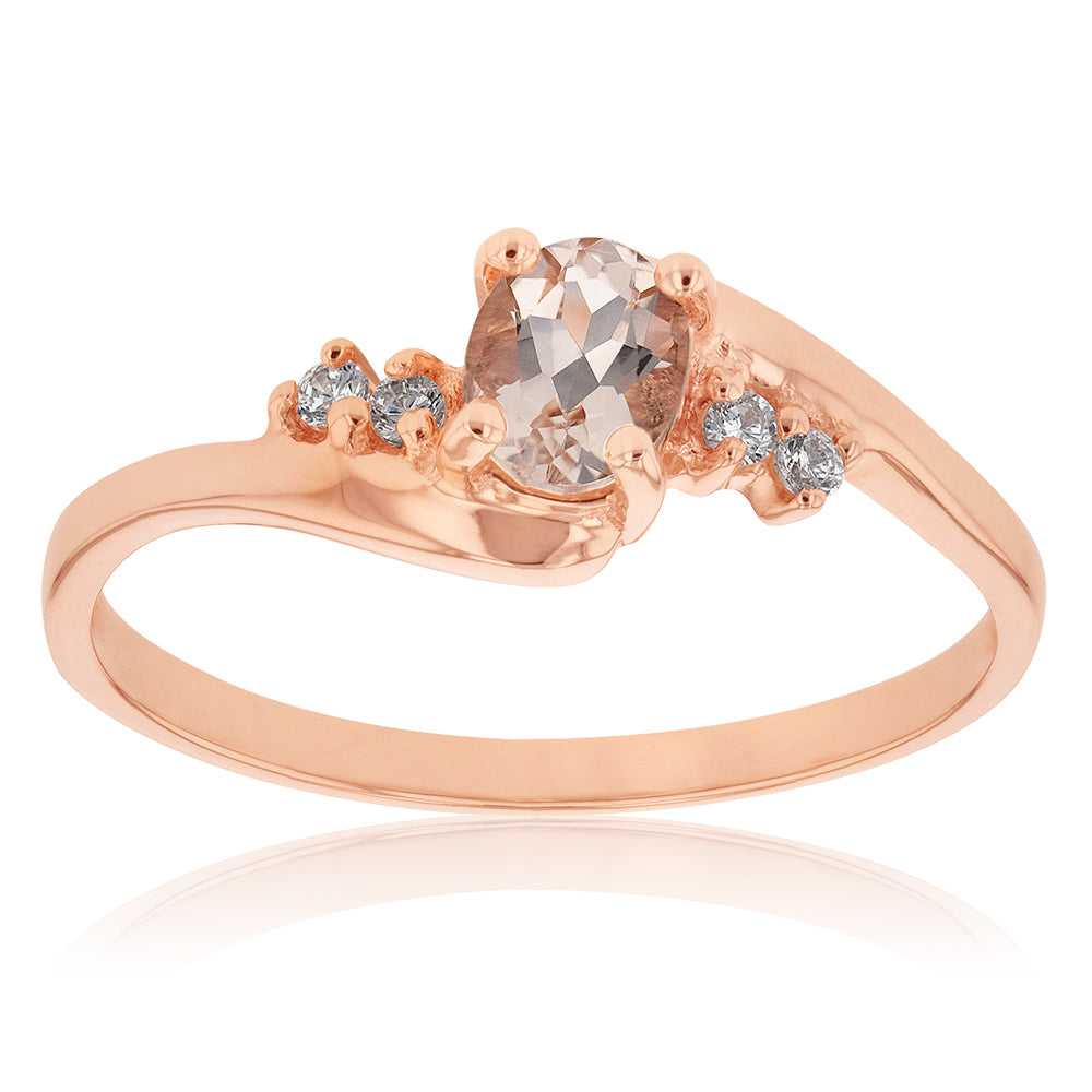 9ct Rose Gold Morganite and Zirconia Oval Ring - Size Adjustable (+1-2 Sizes) | Elegant Engagement, Wedding, Anniversary Gift for Her | Perfect for Proposals, Valentine's Day & Special Occasions