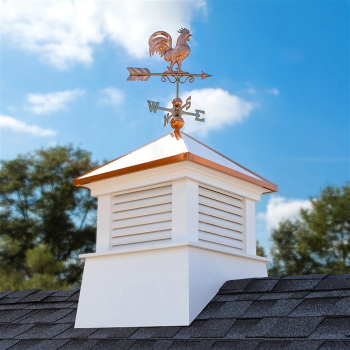 30 Square Manchester Vinyl Cupola with Rooster Weathervane - Decorative Roof Top Accent for Barns, Sheds & Gazebos - Weather Resistant Outdoor Home Decor