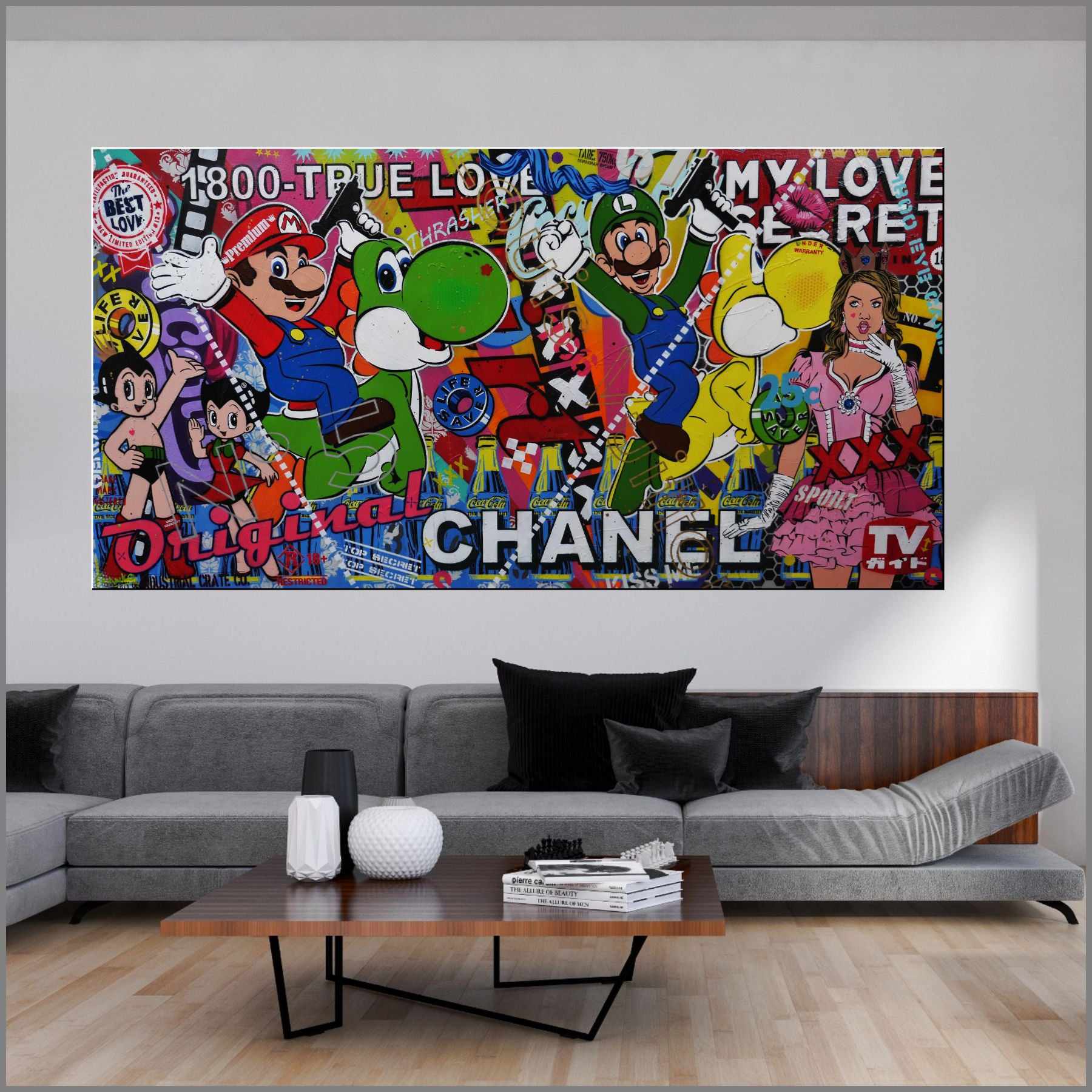 Princess Peach's Secret Love 240cm x 120cm Super Mario Bros Pop Art Painting - Textured Urban Wall Decor for Game Room, Living Room & Bedroom
