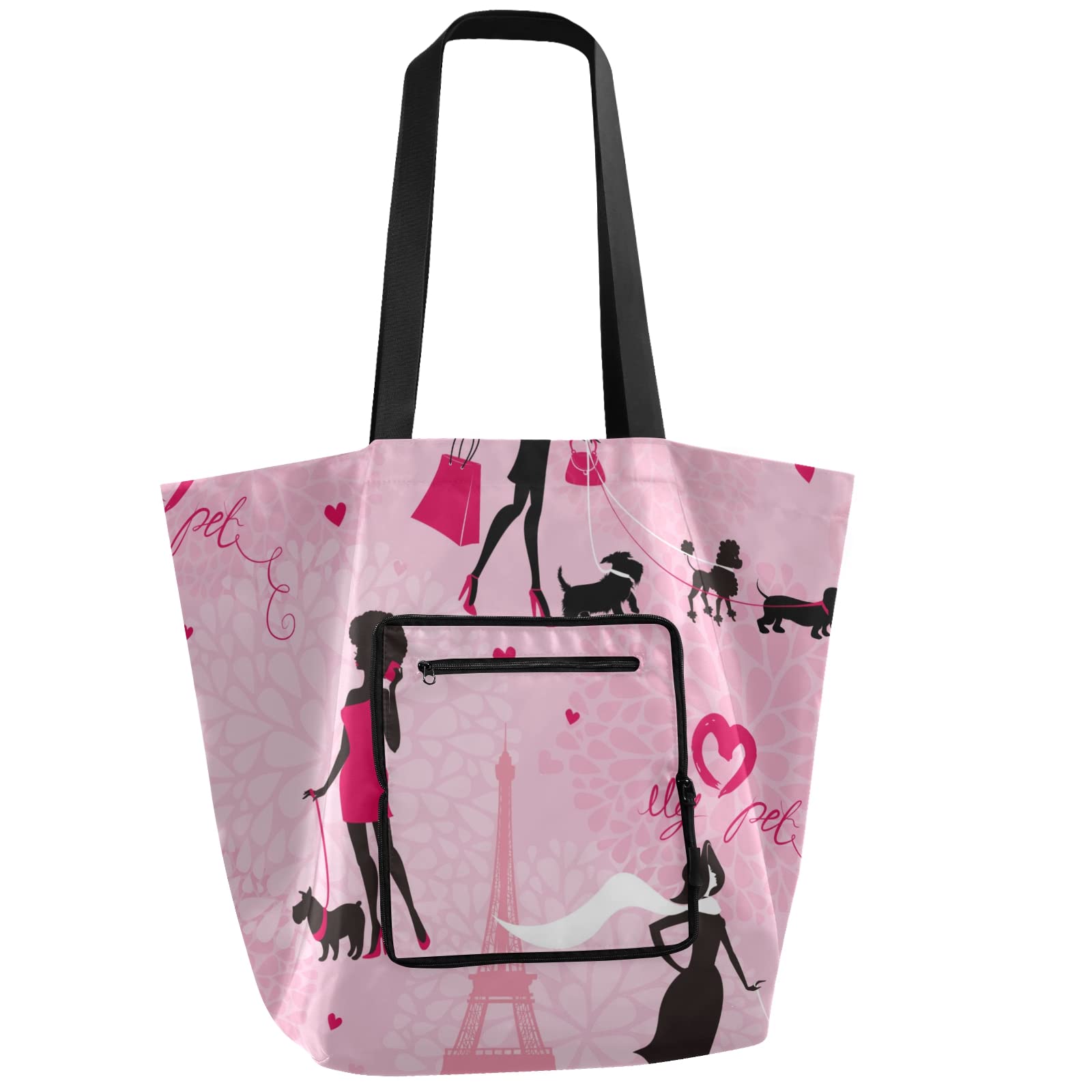 ALAZA Paris Eiffel Tower France Pink Large Dog Tote Bag - Reusable Foldable Grocery Shopping Bag with Handles, Lightweight Shoulder Bag for Women | Perfect for Travel, Picnic, Beach & Outdoor Activities